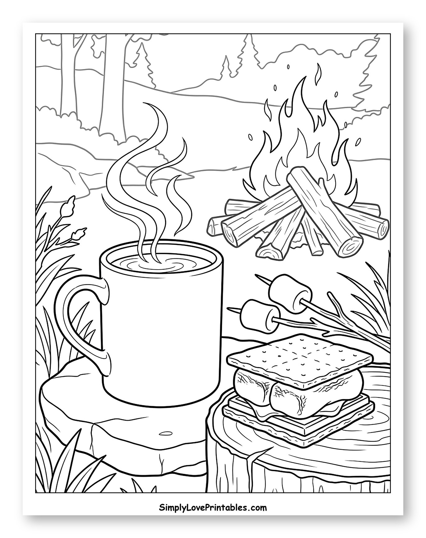 Campfire with Hot Chocolate and S'mores Coloring Page