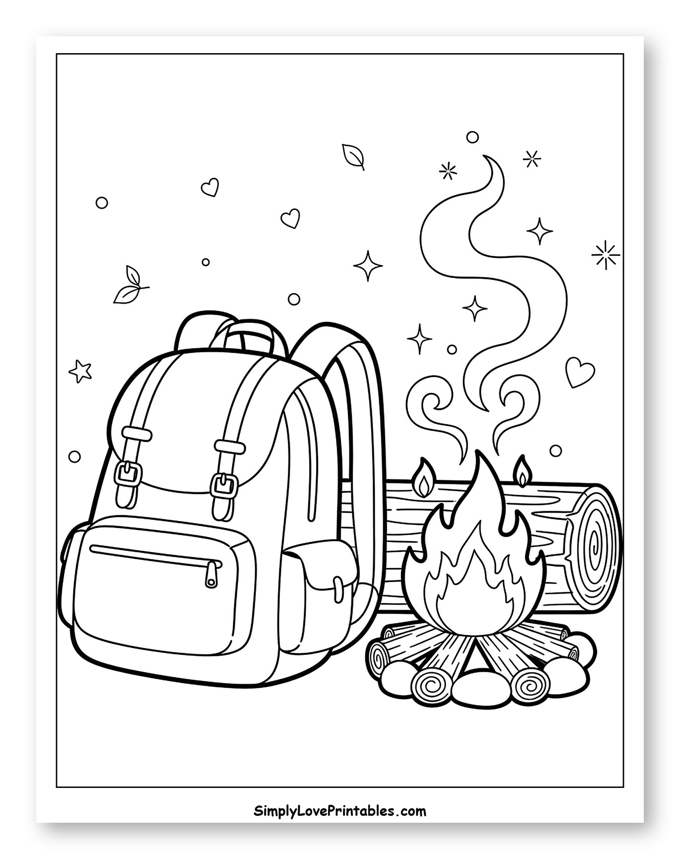 Camping Backpack and Warm Campfire Coloring Page for Adults