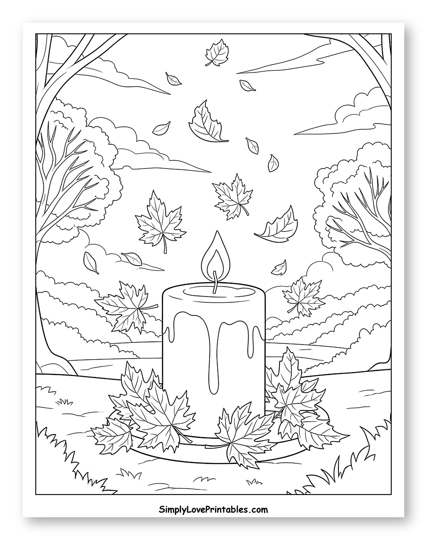 Candle with Falling Autumn Leaves and Trees