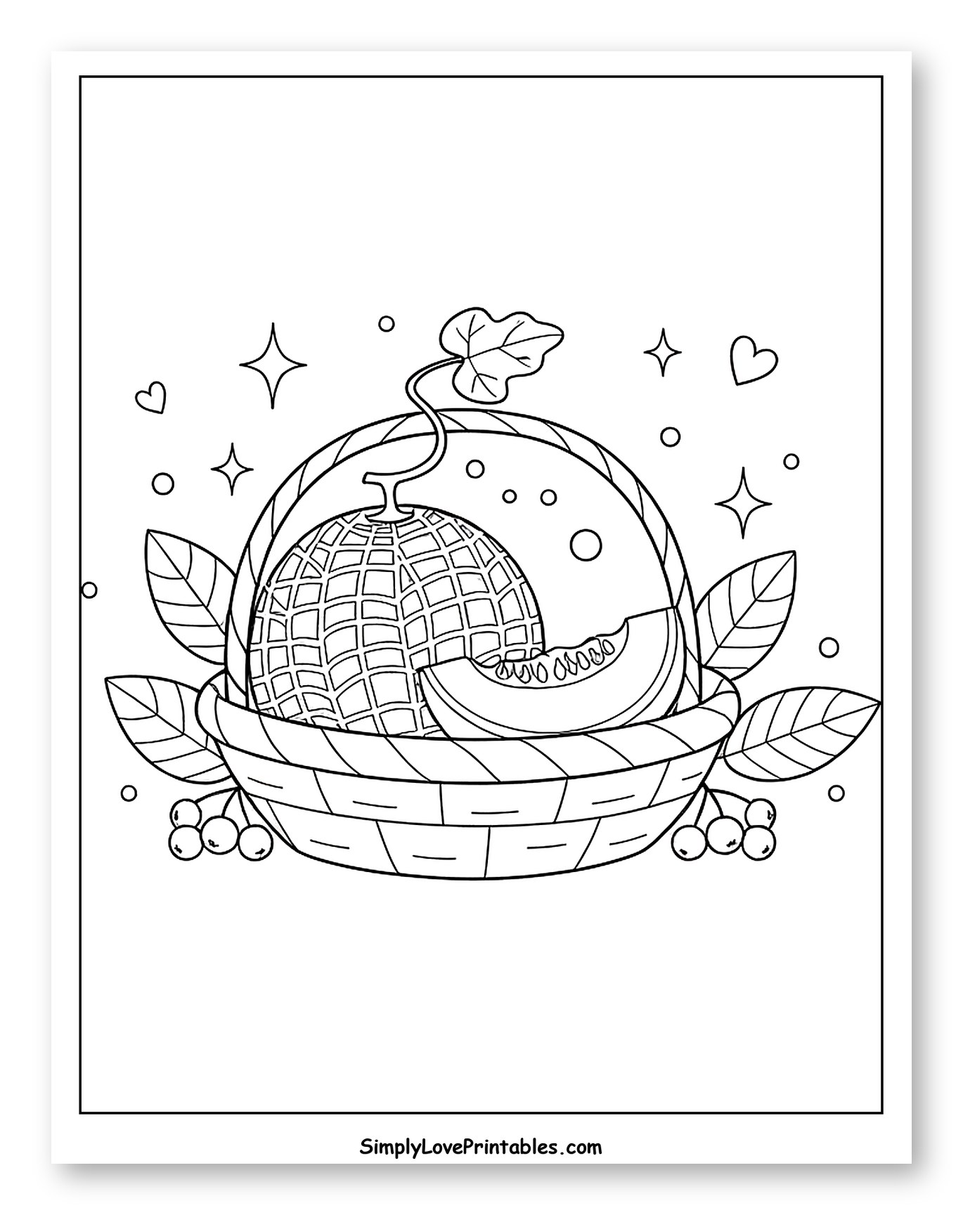 Cantaloupe with Slice in Woven Basket Coloring Sheet for Adults
