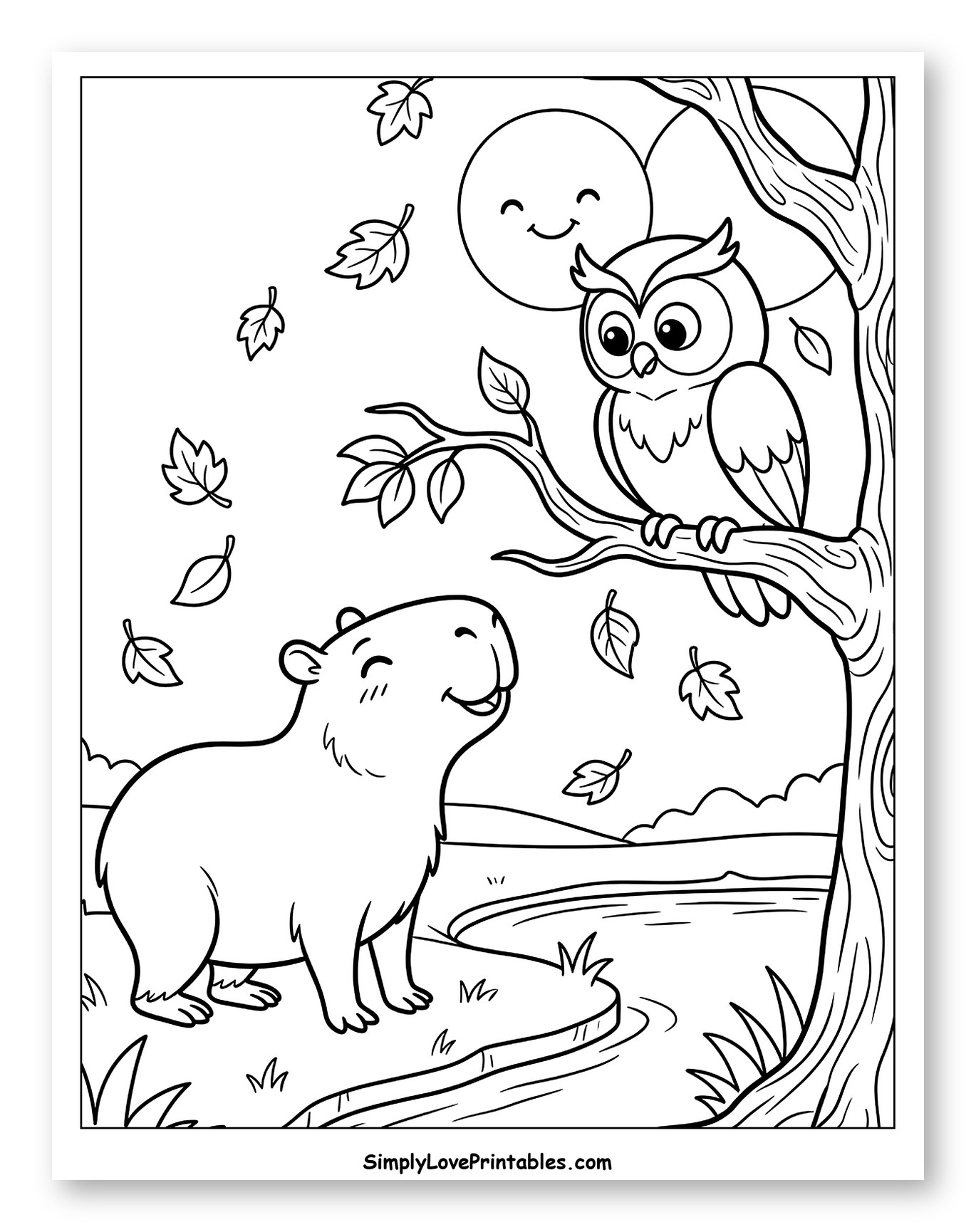 Capybara and Owl Enjoying a Fall Day Coloring Page for Kids