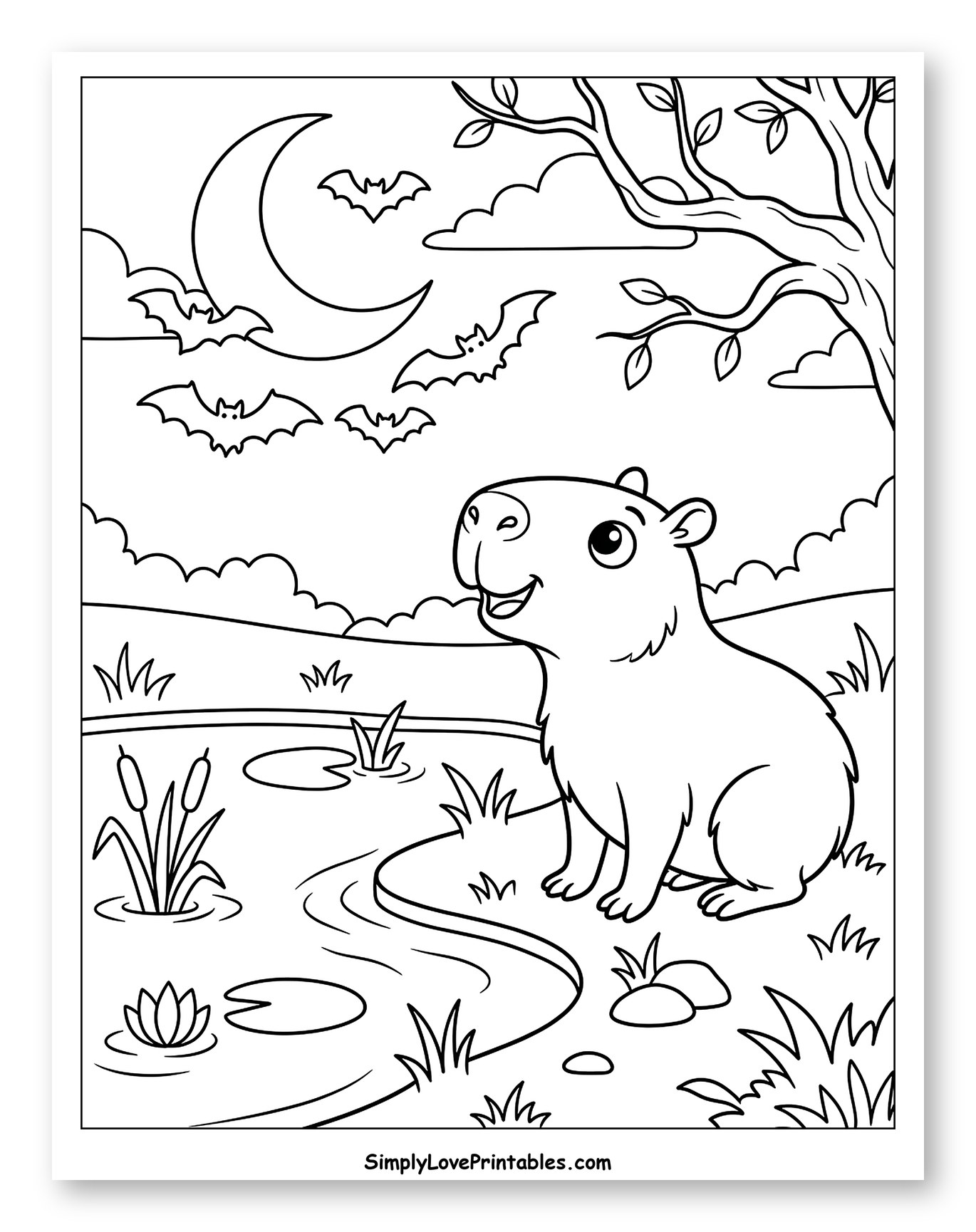 Capybara by Pond with Moon and Bats Coloring Sheet for Kids