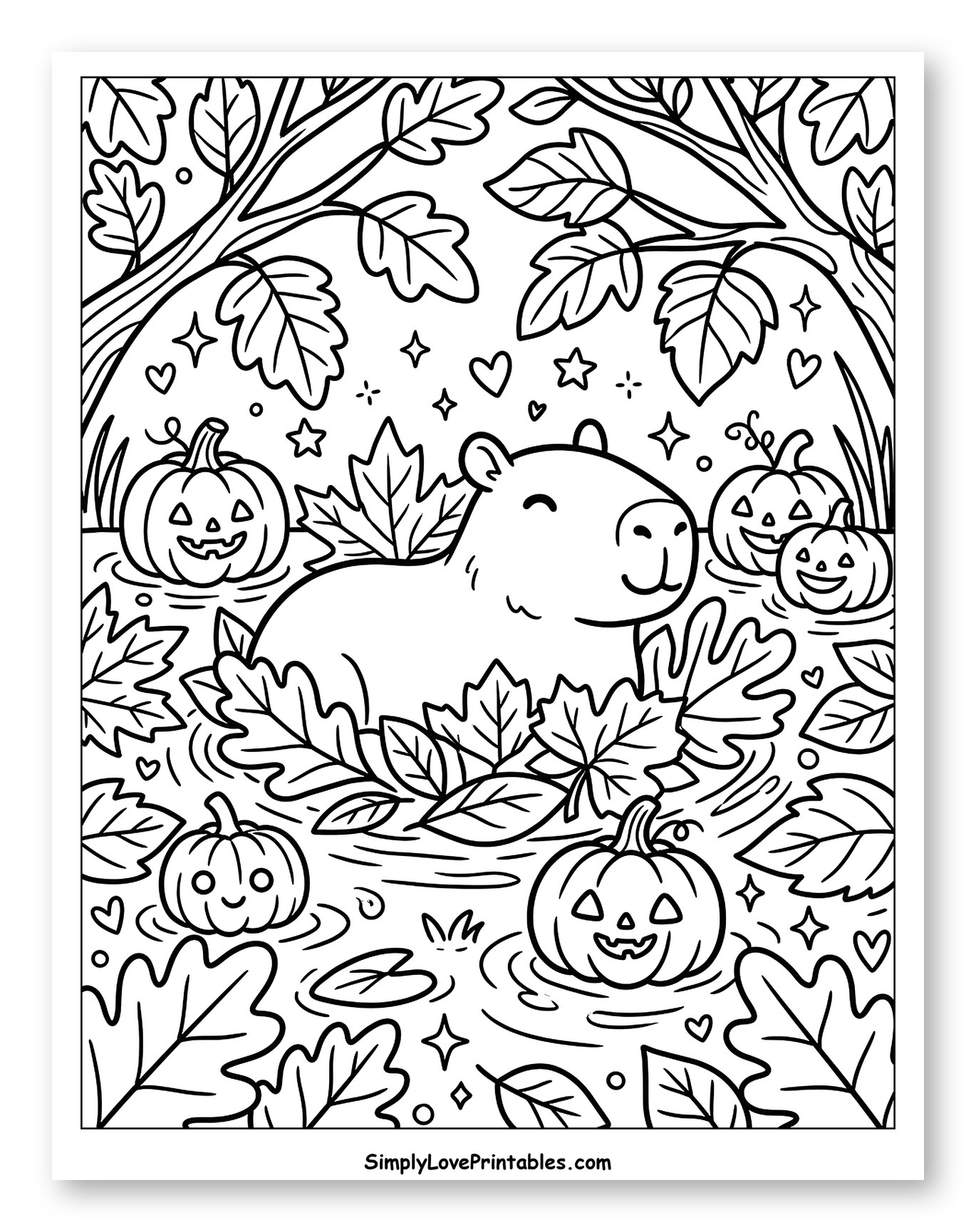 Capybara Floating with Jack-o'-Lanterns and Leaves Coloring Sheet for Adults