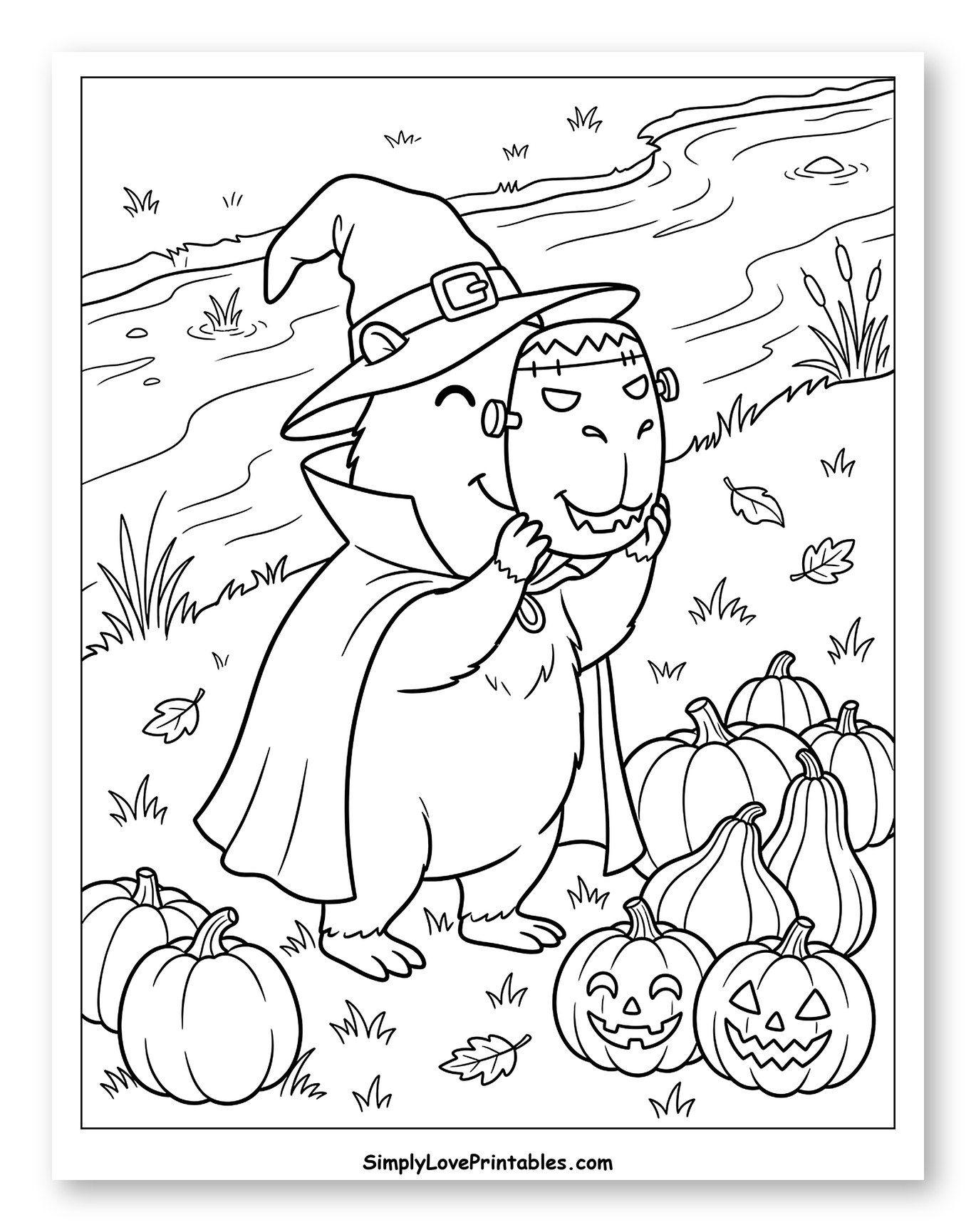 Capybara in Witch Hat and Frankenstein Mask