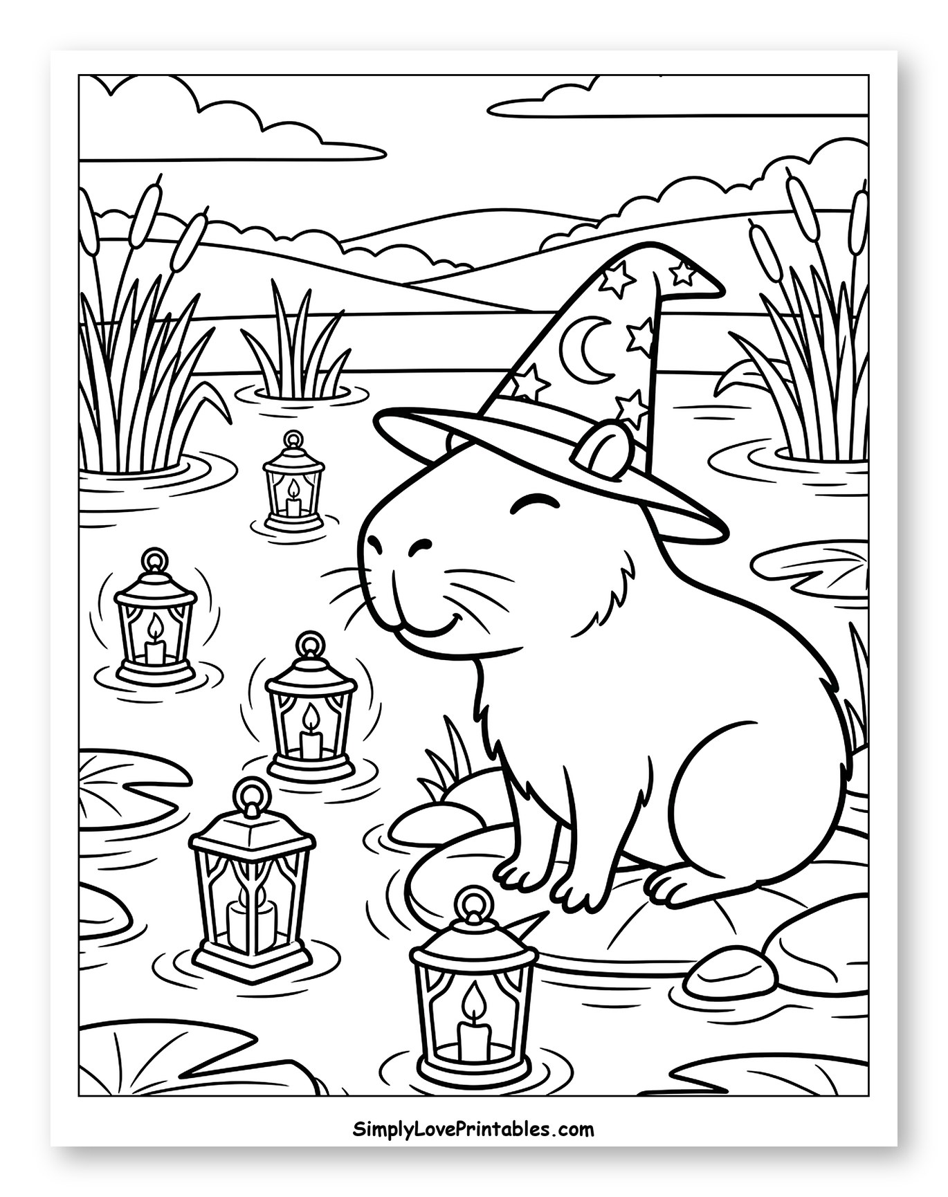 Capybara Wizard in Pond with Lanterns