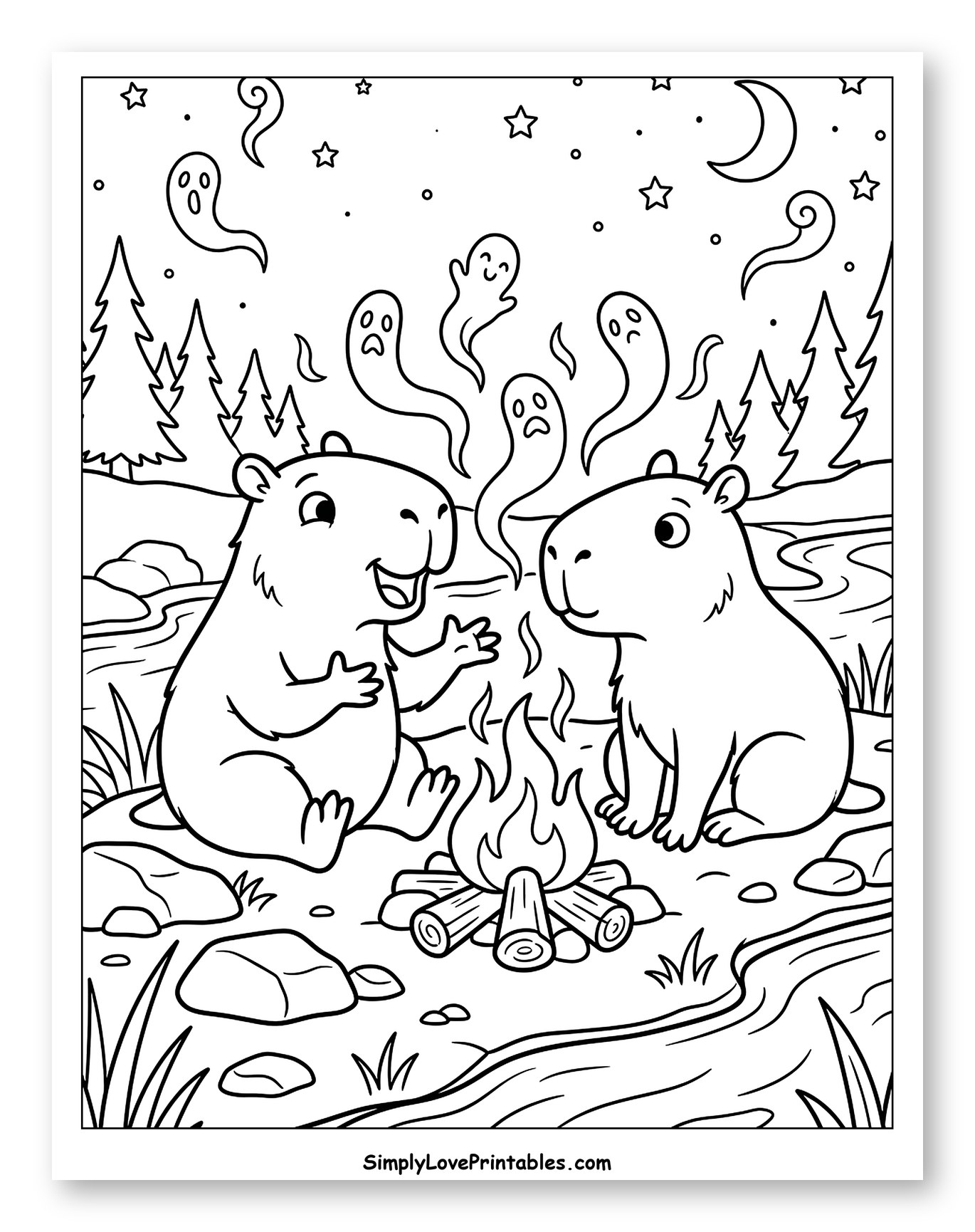 Capybaras and Ghosts Around a Campfire Coloring Page for Kids
