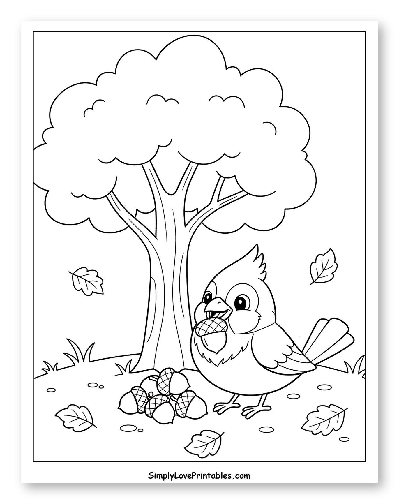 Cardinal Bird Gathering Acorns Under a Tree to Color for Kids