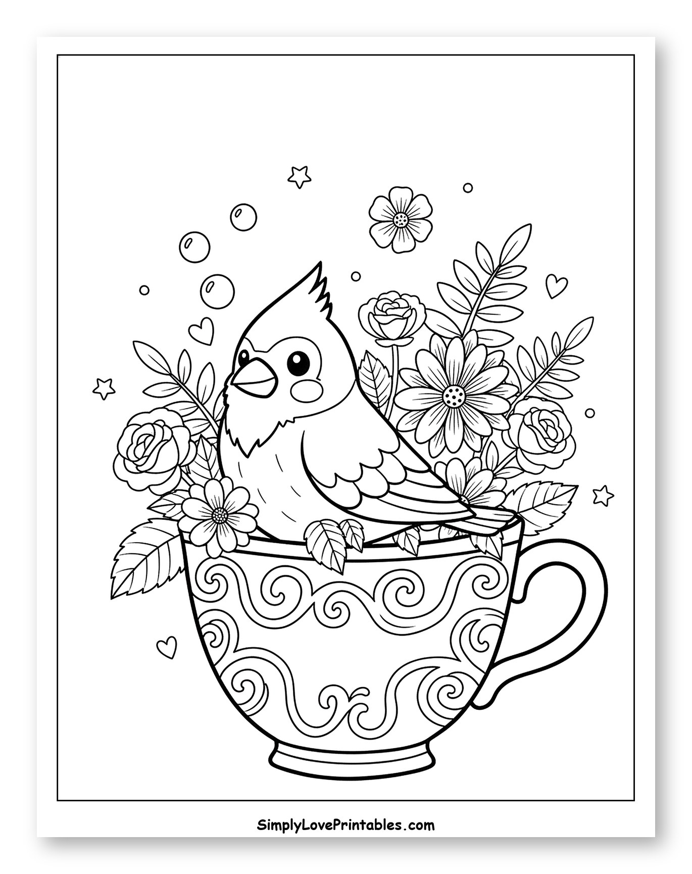 Cardinal Bird in a Flowery Teacup to Color for Adults