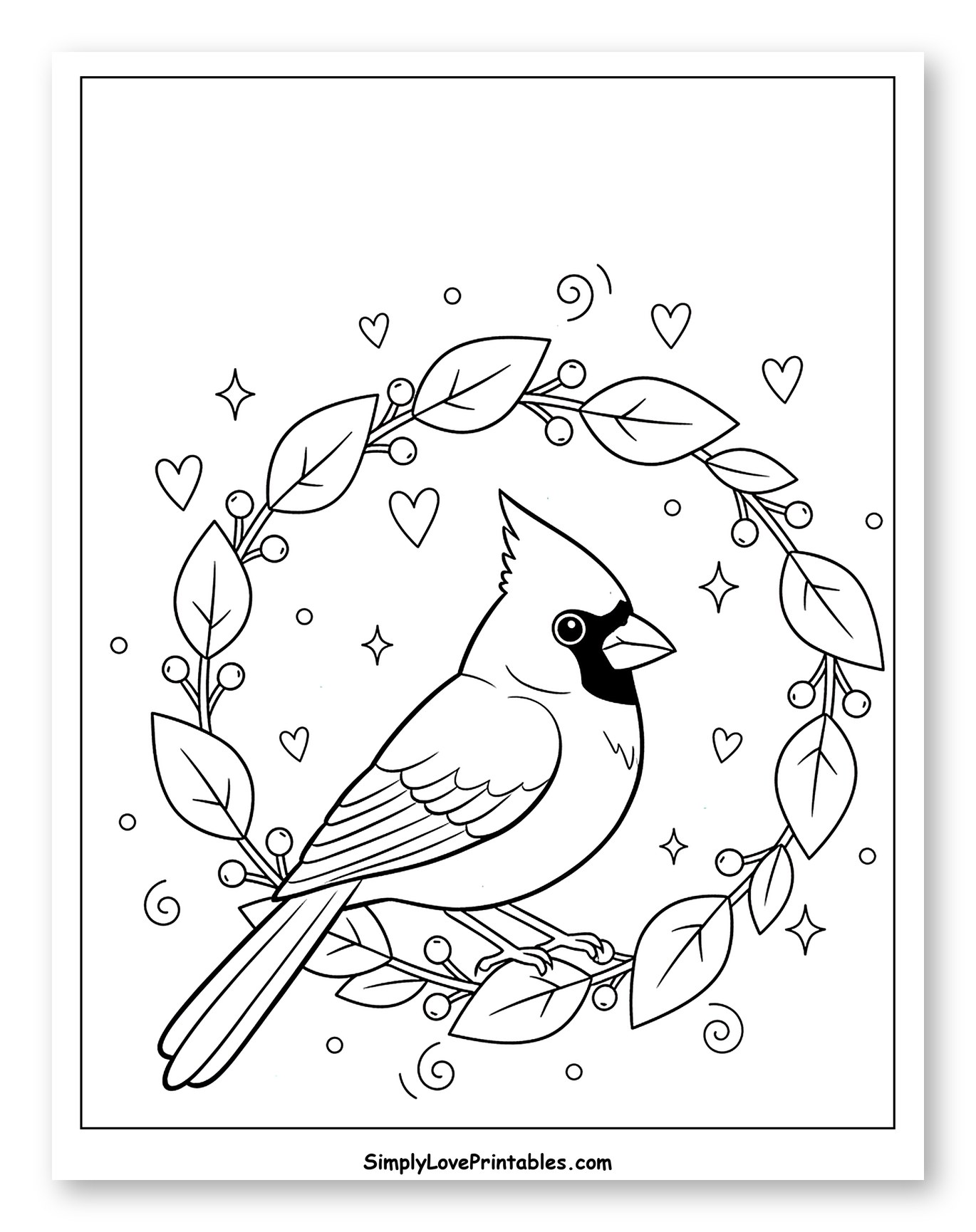 Cardinal Bird in a Heart and Leaf Wreath