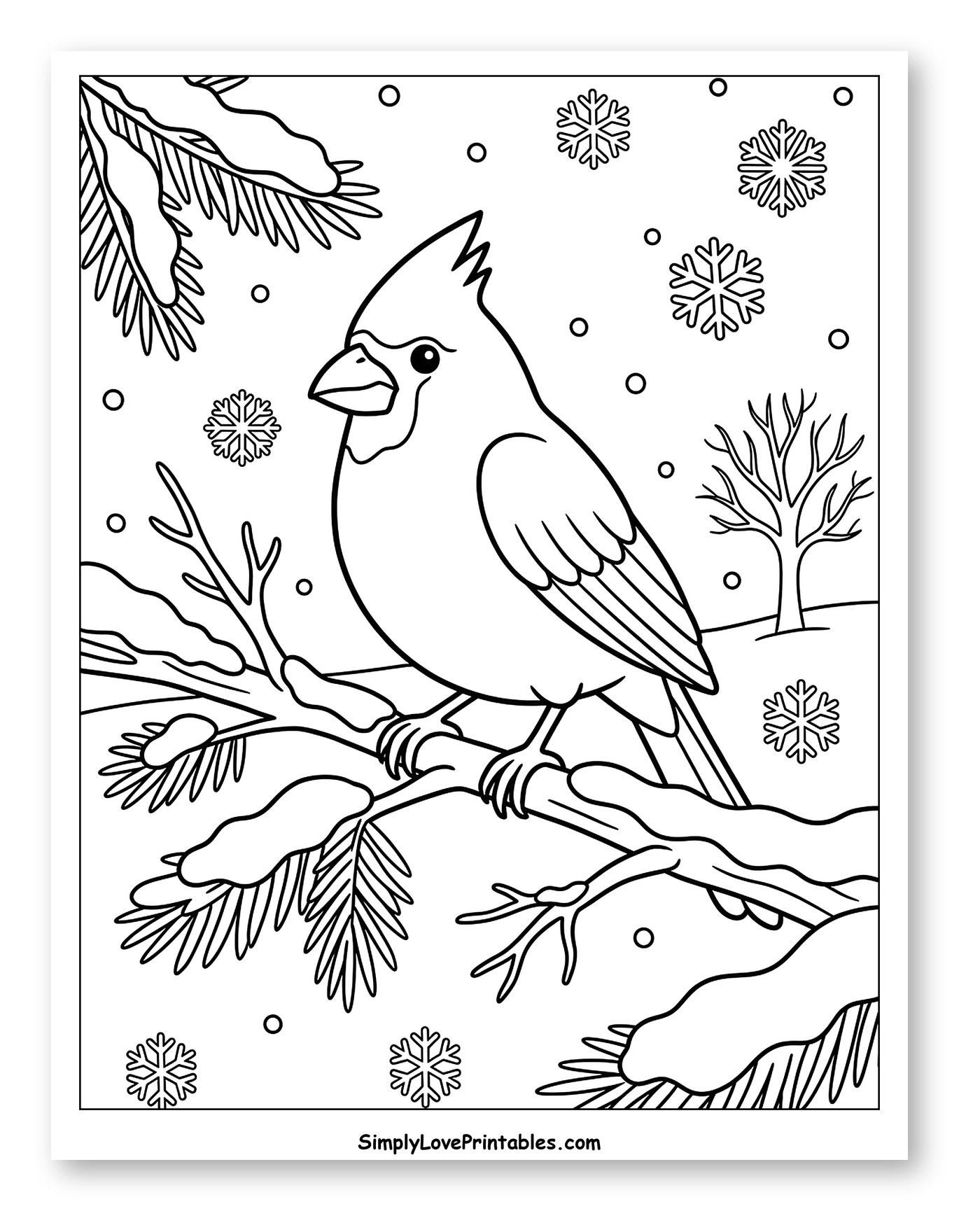 Cardinal Bird on a Snowy Branch Coloring Sheet for Kids