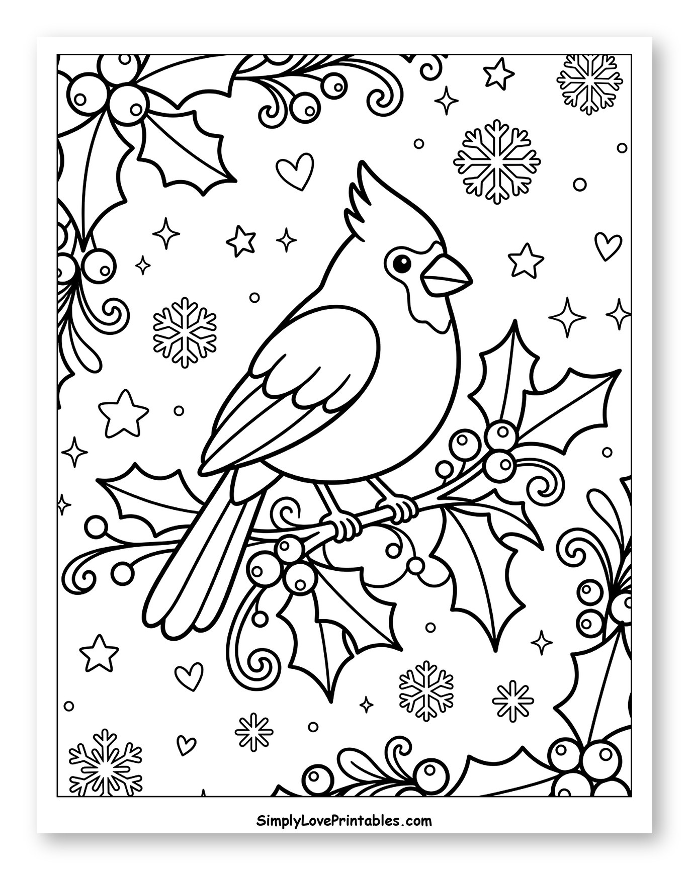 Cardinal Bird on Holly Branch with Snowflakes