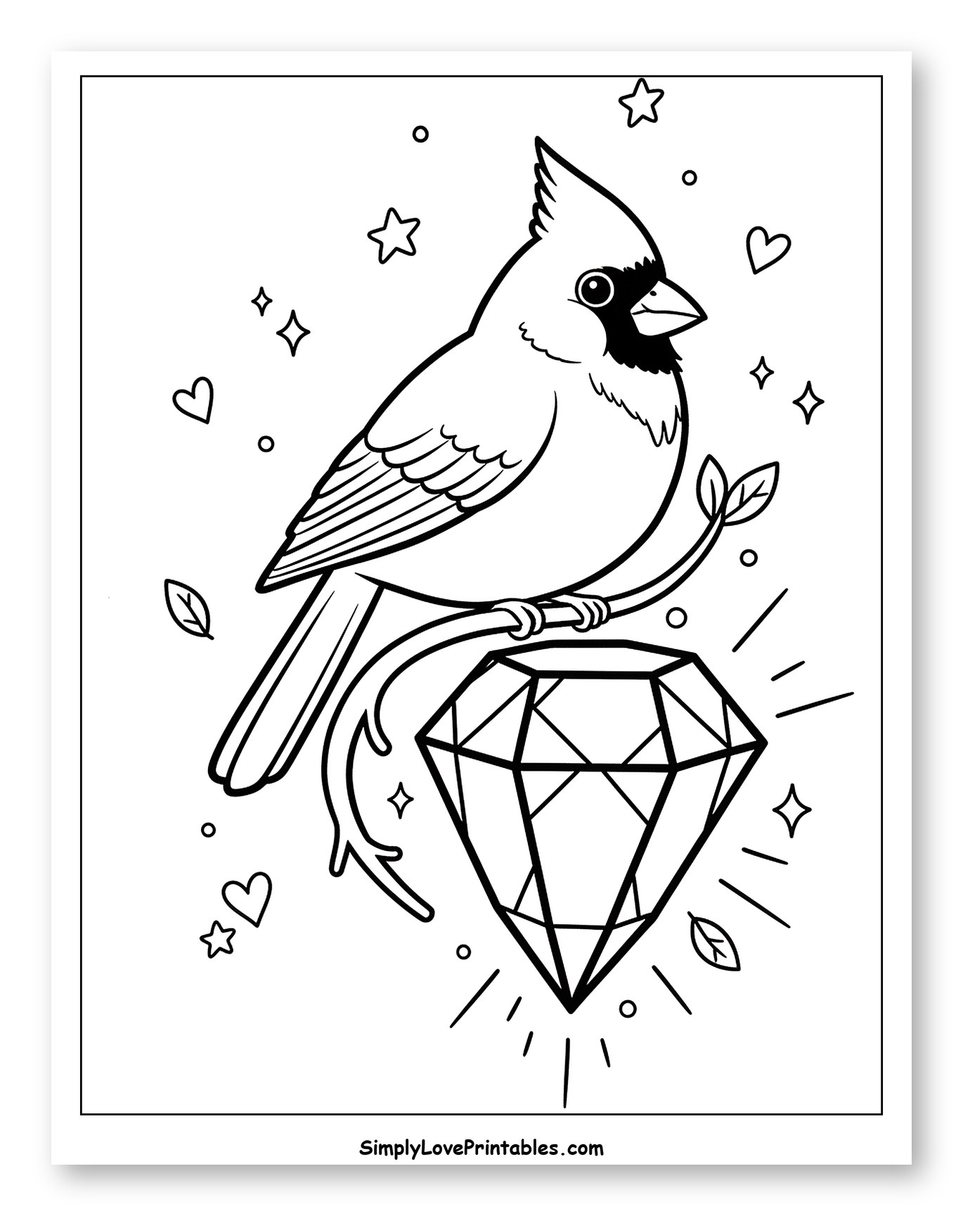 Cardinal Bird Perched on Branch with Diamond