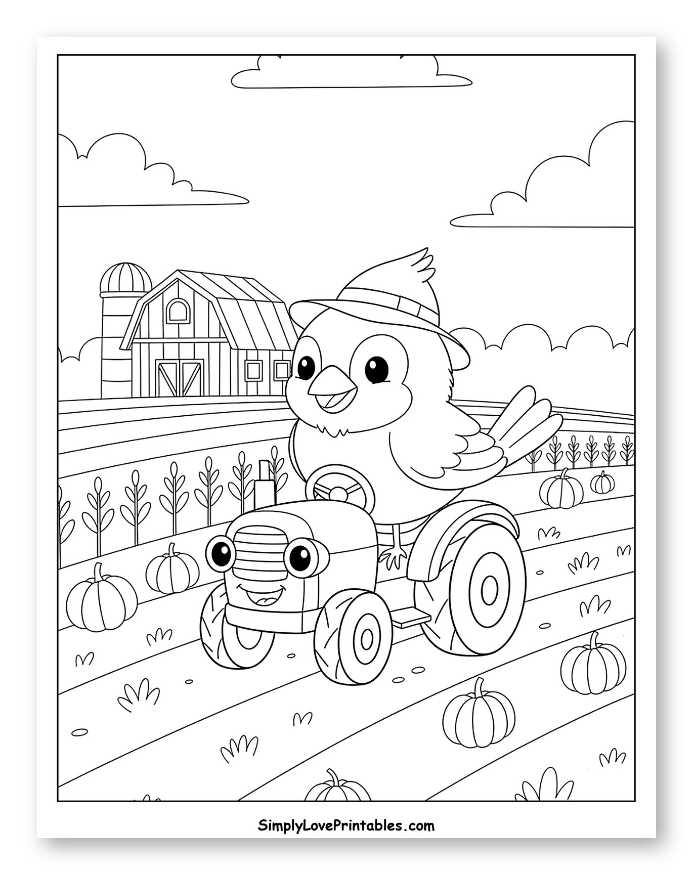 Cardinal Driving Tractor Through Pumpkin Field Coloring Sheet for Kids