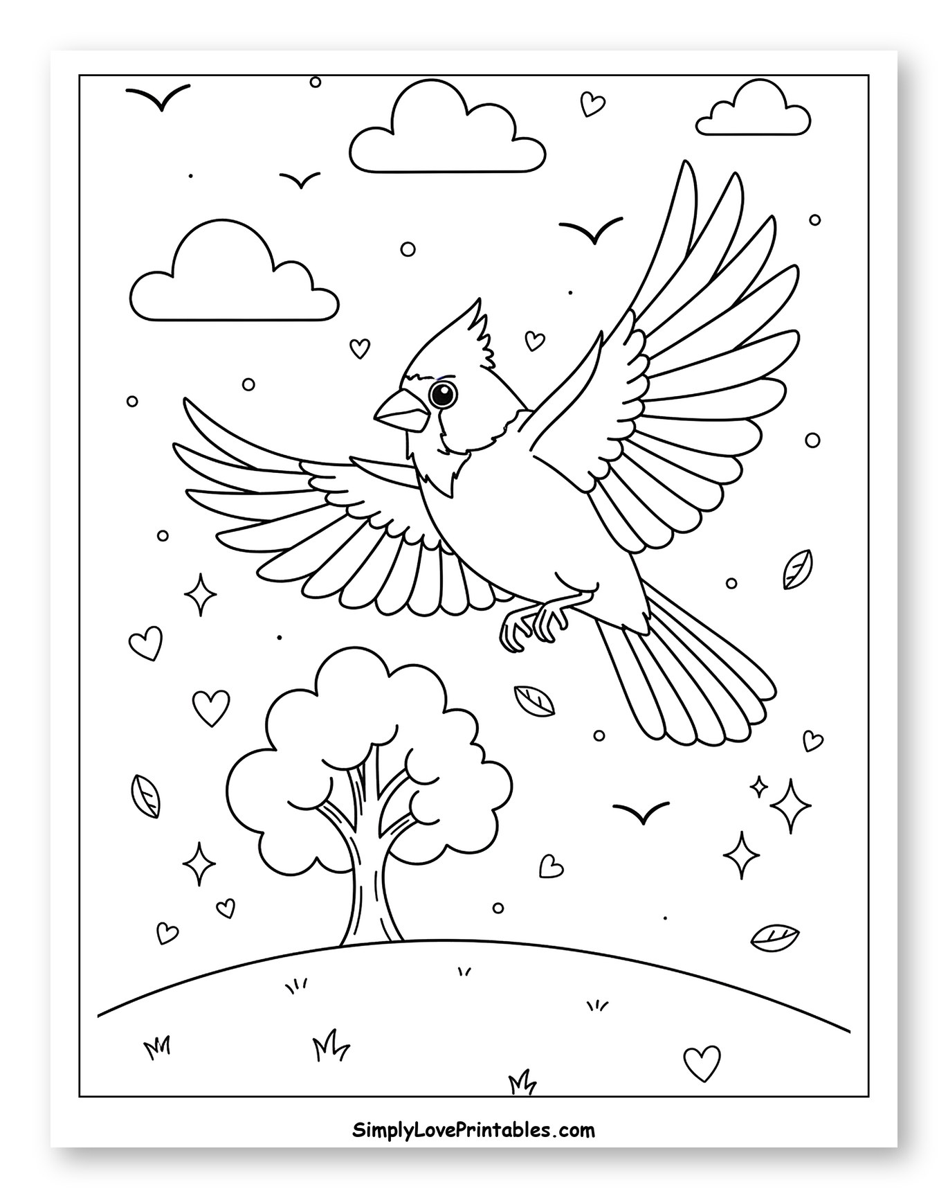Cardinal Flying Over a Hill with Clouds Coloring Sheet for Adults