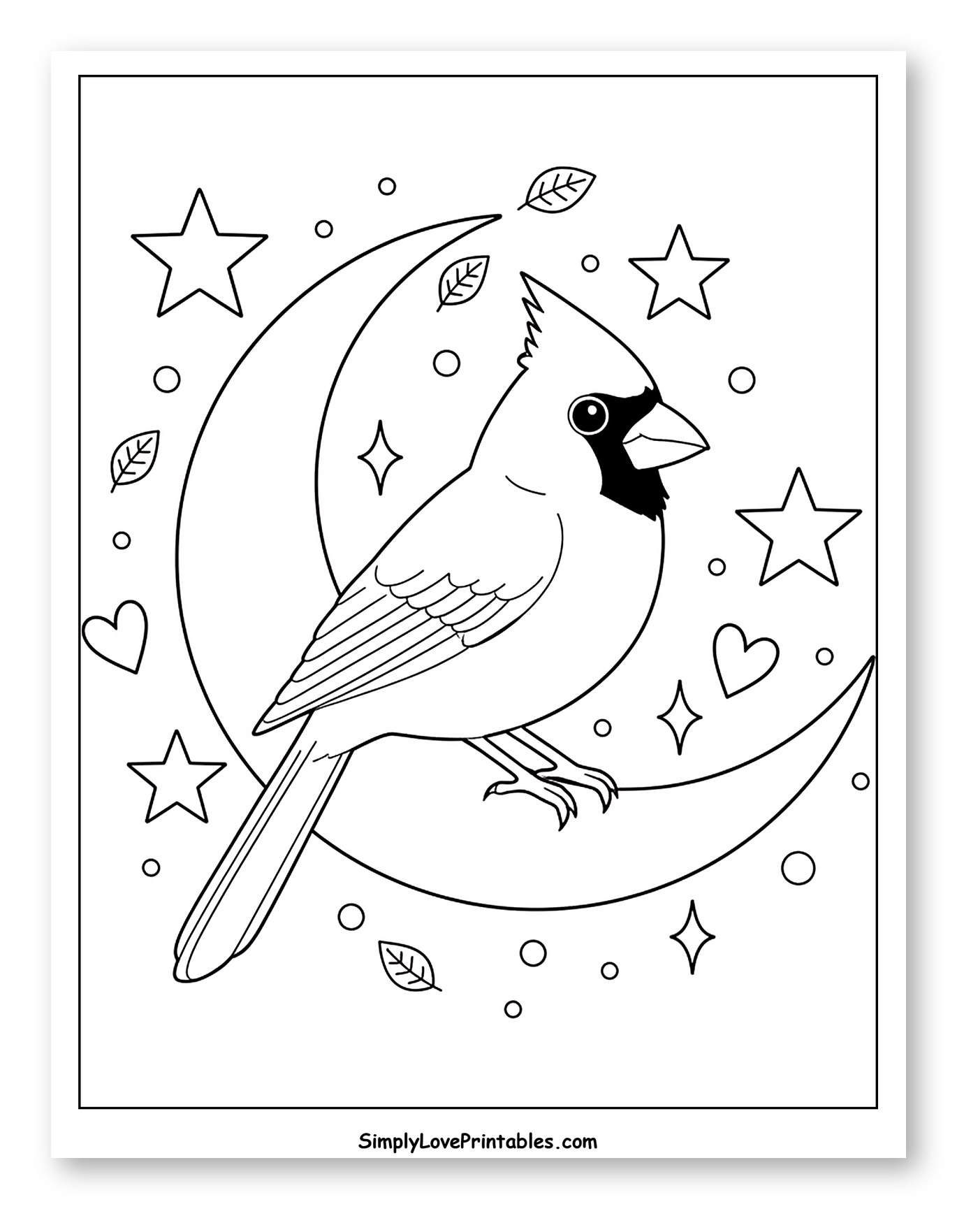 Cardinal on Moon with Stars and Leaves Coloring Page for Adults