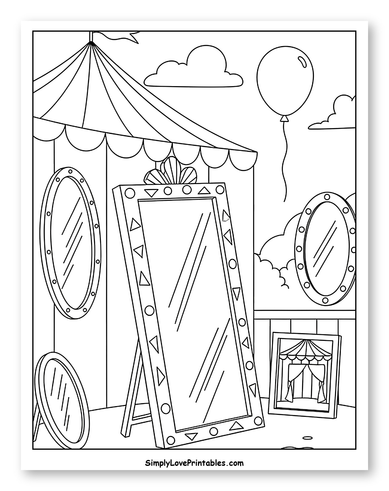 Carnival Tent with Many Funhouse Mirrors Coloring Page for Kids