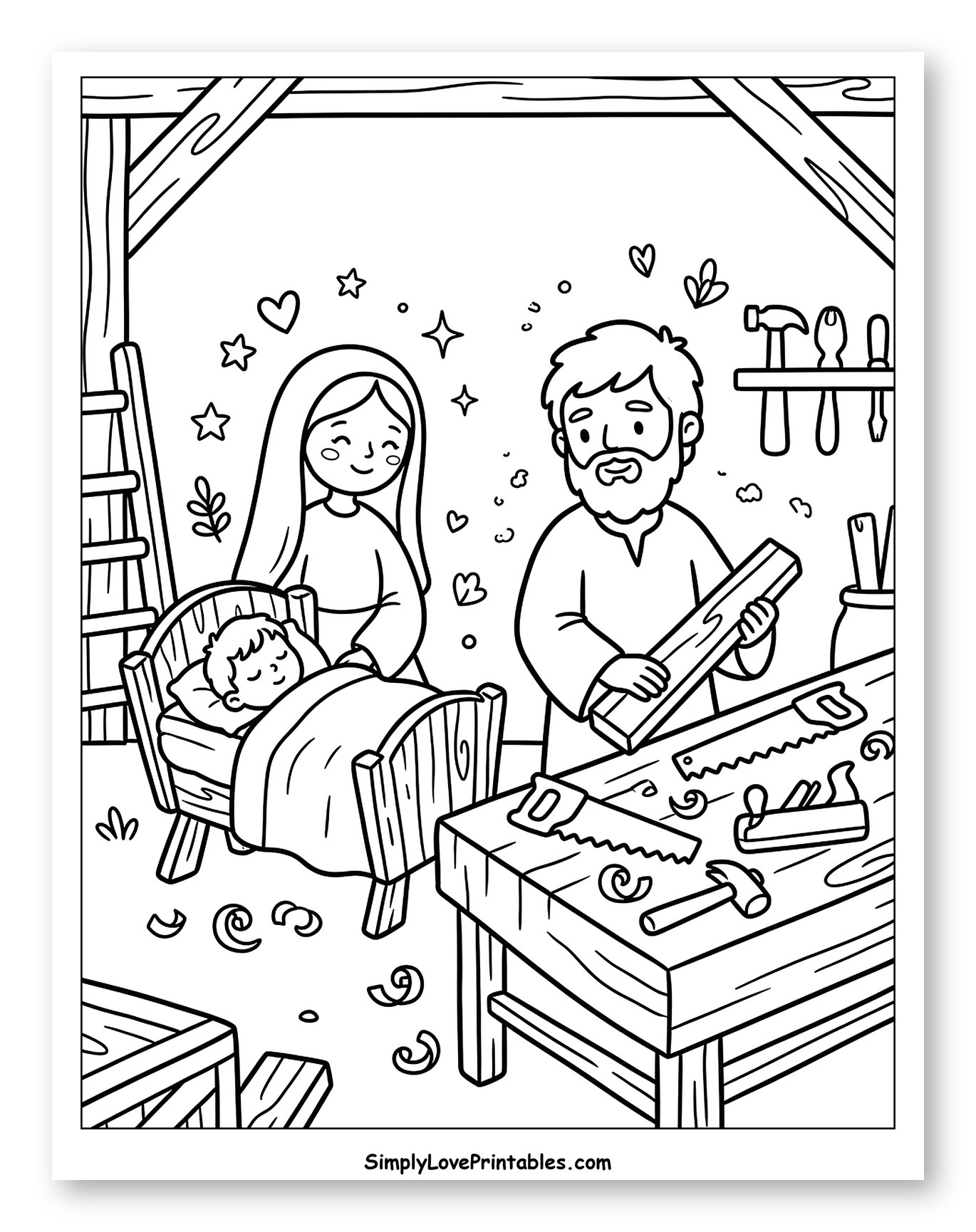 Carpenter Joseph and the Holy Family Coloring Page for Adults