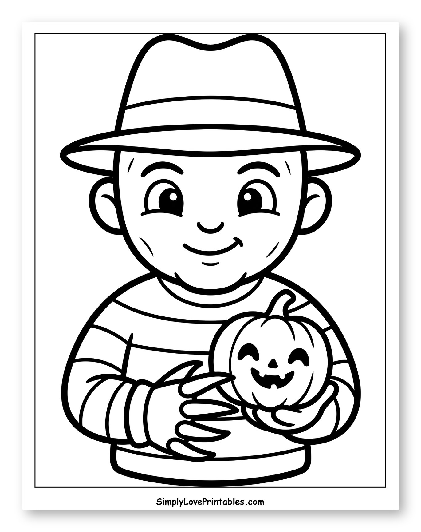 Cartoon Boy in Hat with Happy Pumpkin Coloring Sheet for Toddlers