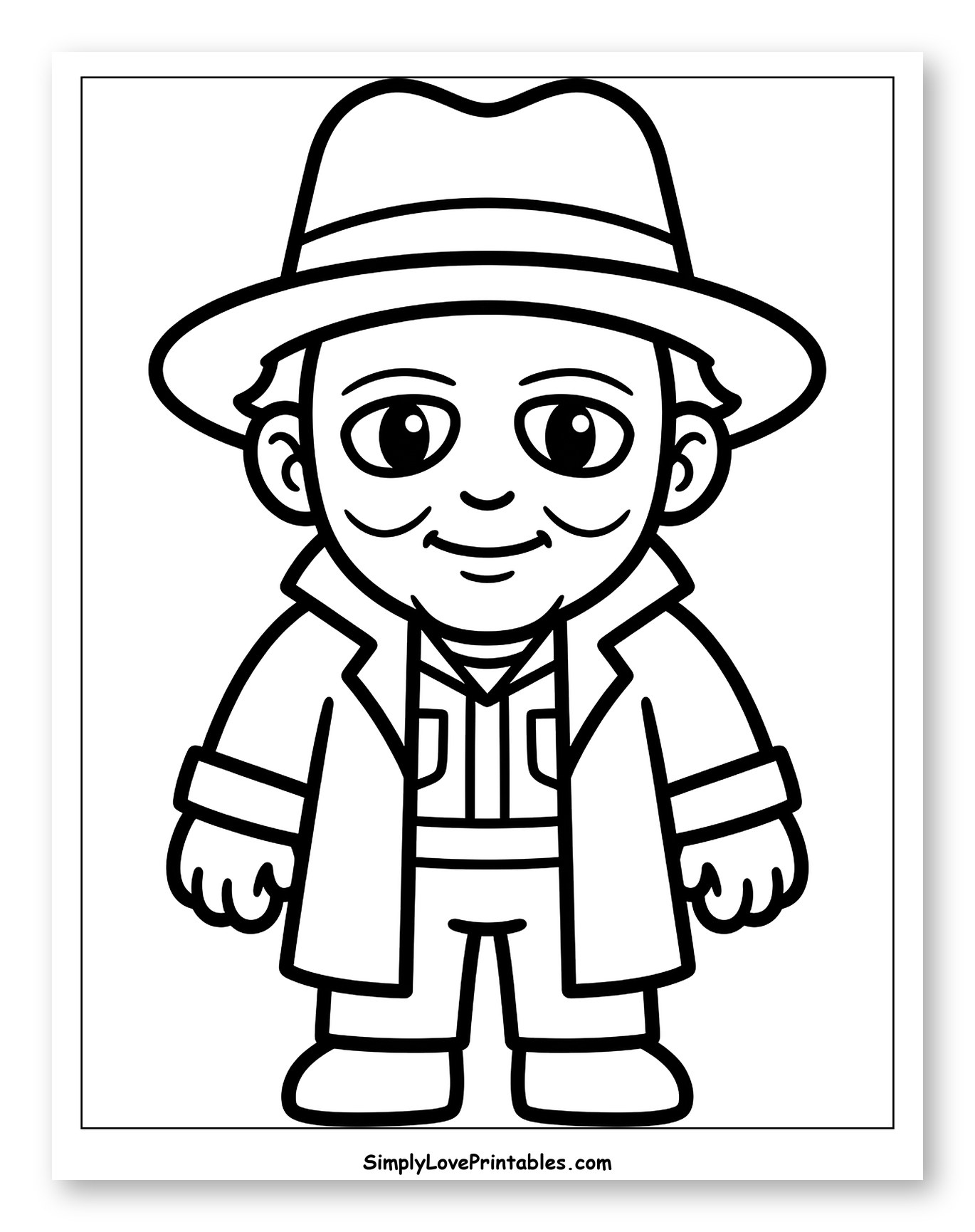 Cartoon Character in Fedora and Trench Coat Coloring Sheet for Toddlers