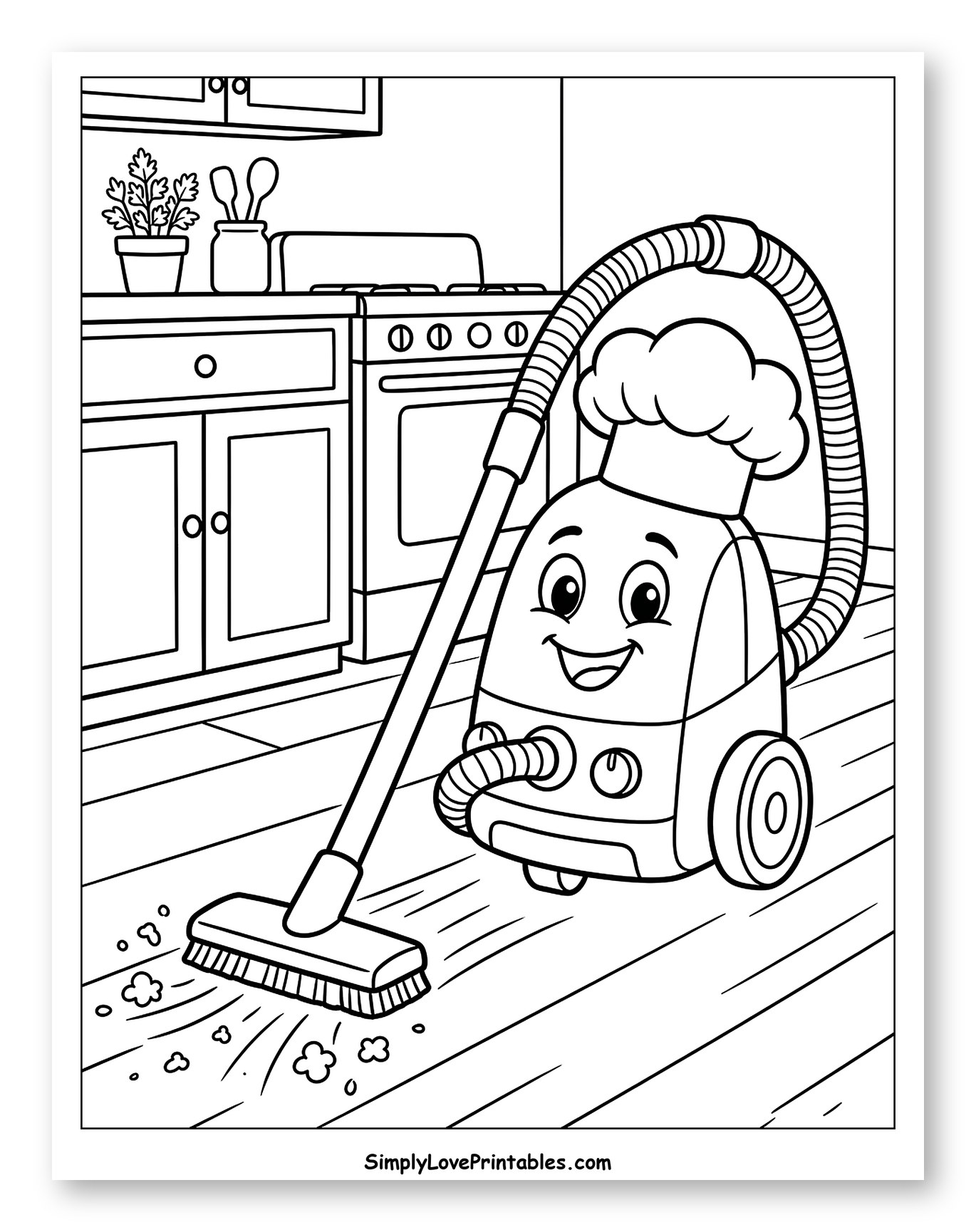 Cartoon Chef Vacuum Cleaning Kitchen Floor Coloring Sheet for Kids