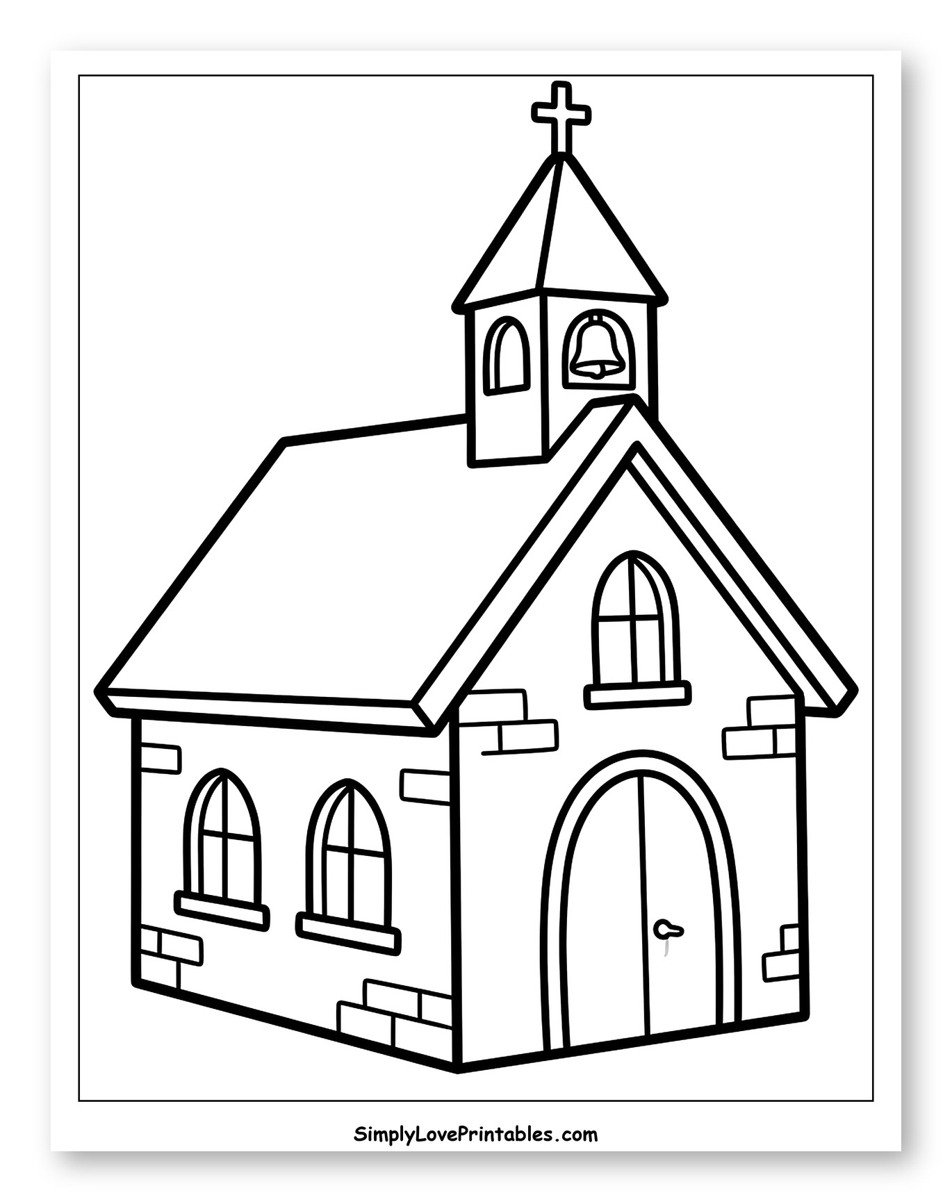 Cartoon Church with Bell and Cross Coloring Page for Toddlers