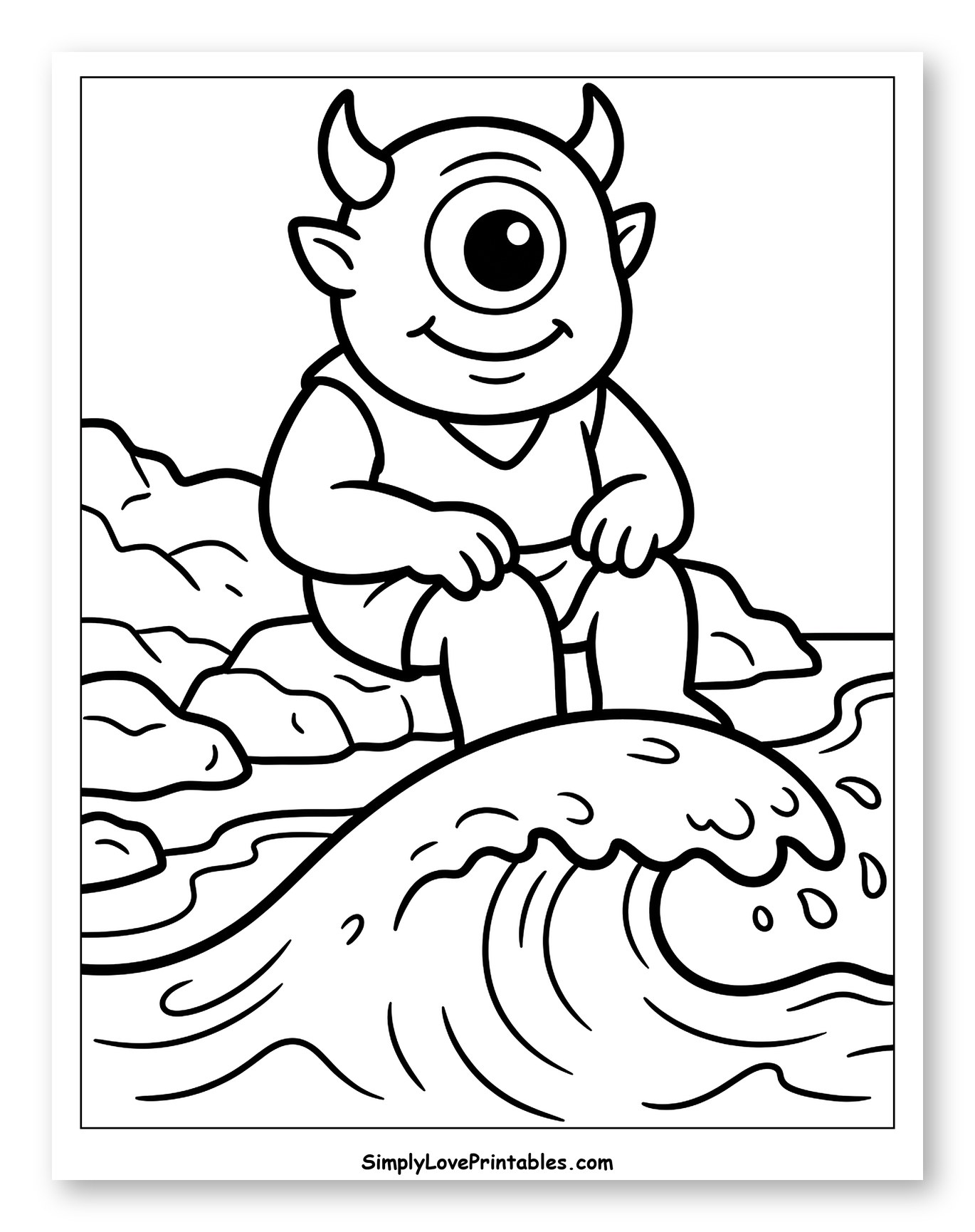 Cartoon Cyclops Enjoying Ocean Waves Coloring Sheet for Toddlers