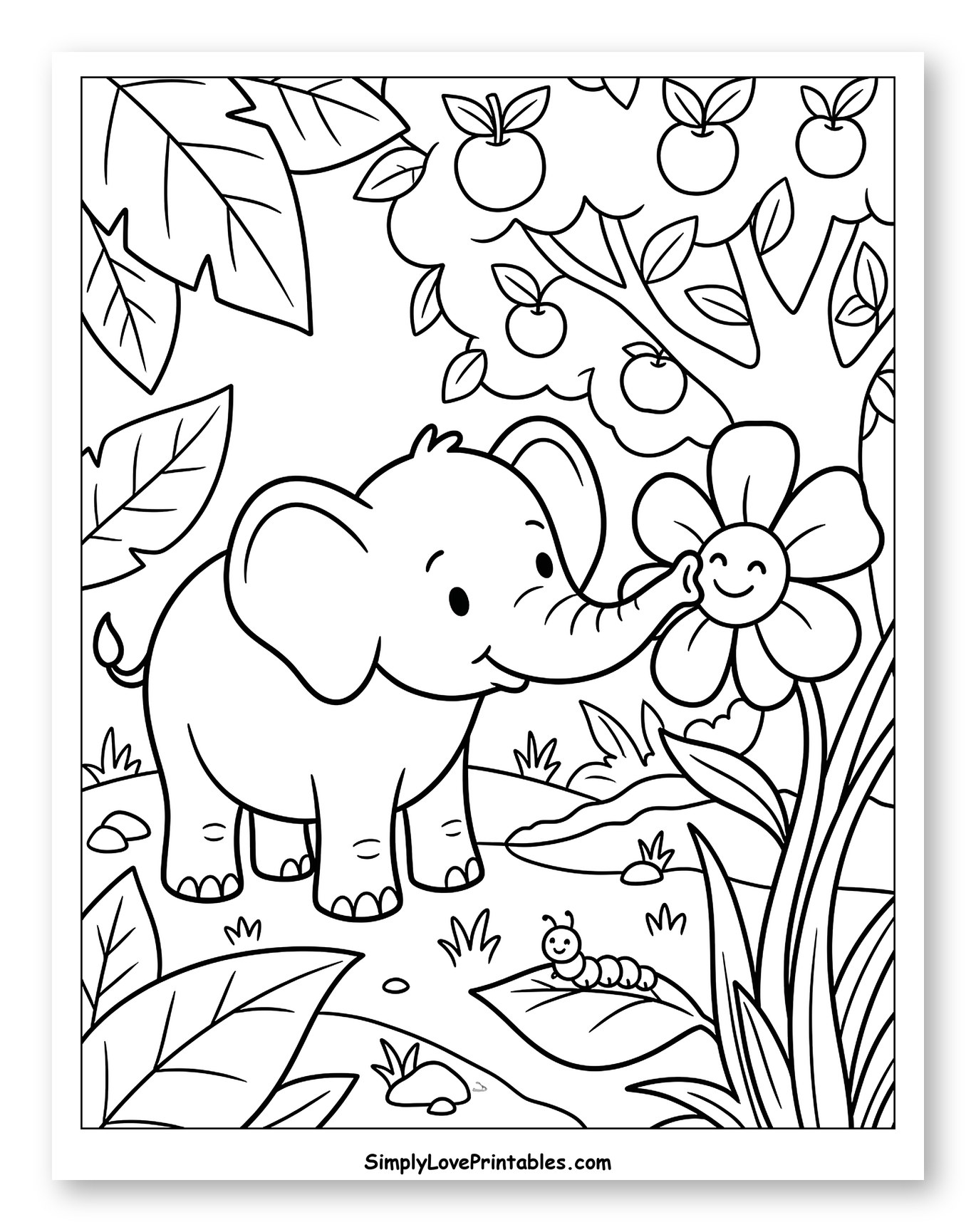 Cartoon Elephant Sniffing a Giant Flower to Color for Kids
