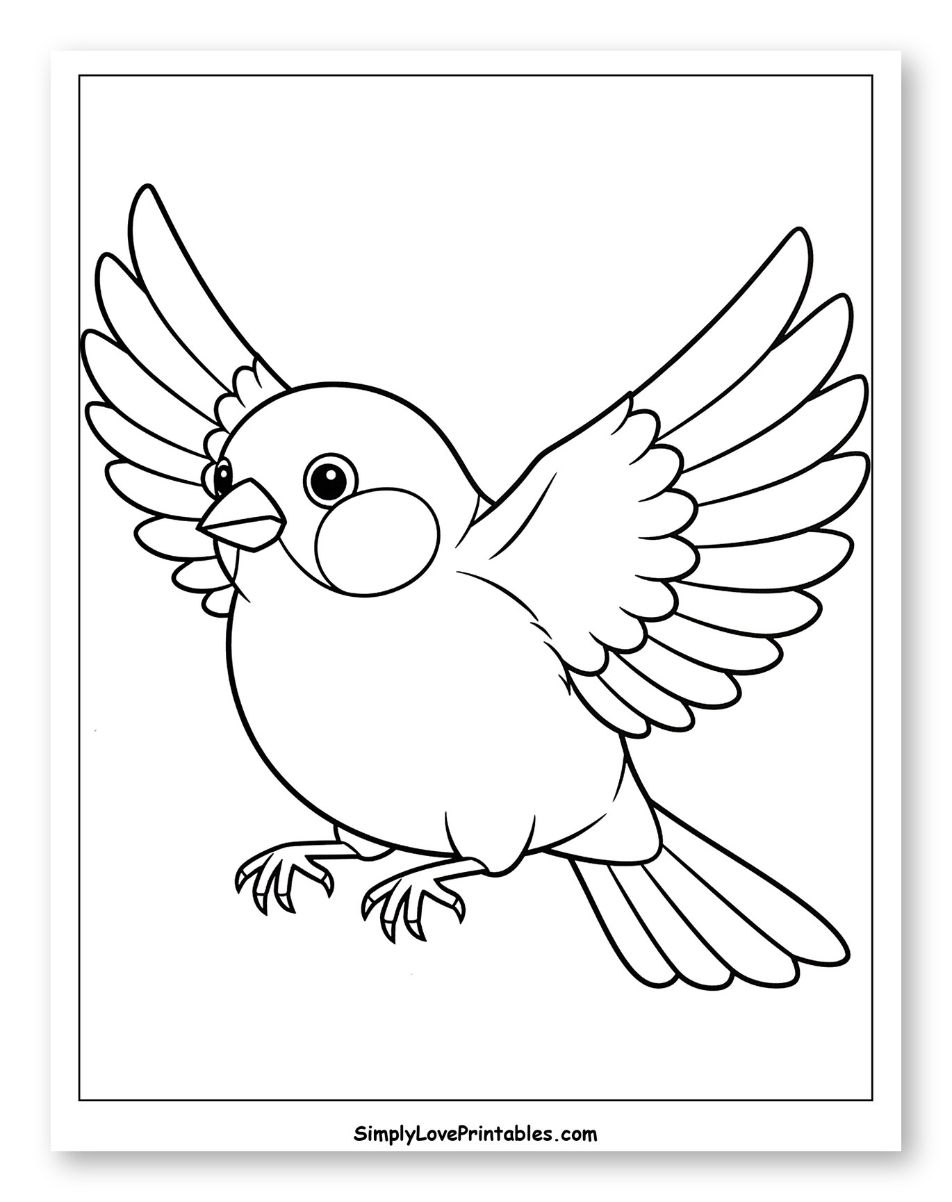 Cartoon Finch Flying with Spread Wings Coloring Sheet for Toddlers