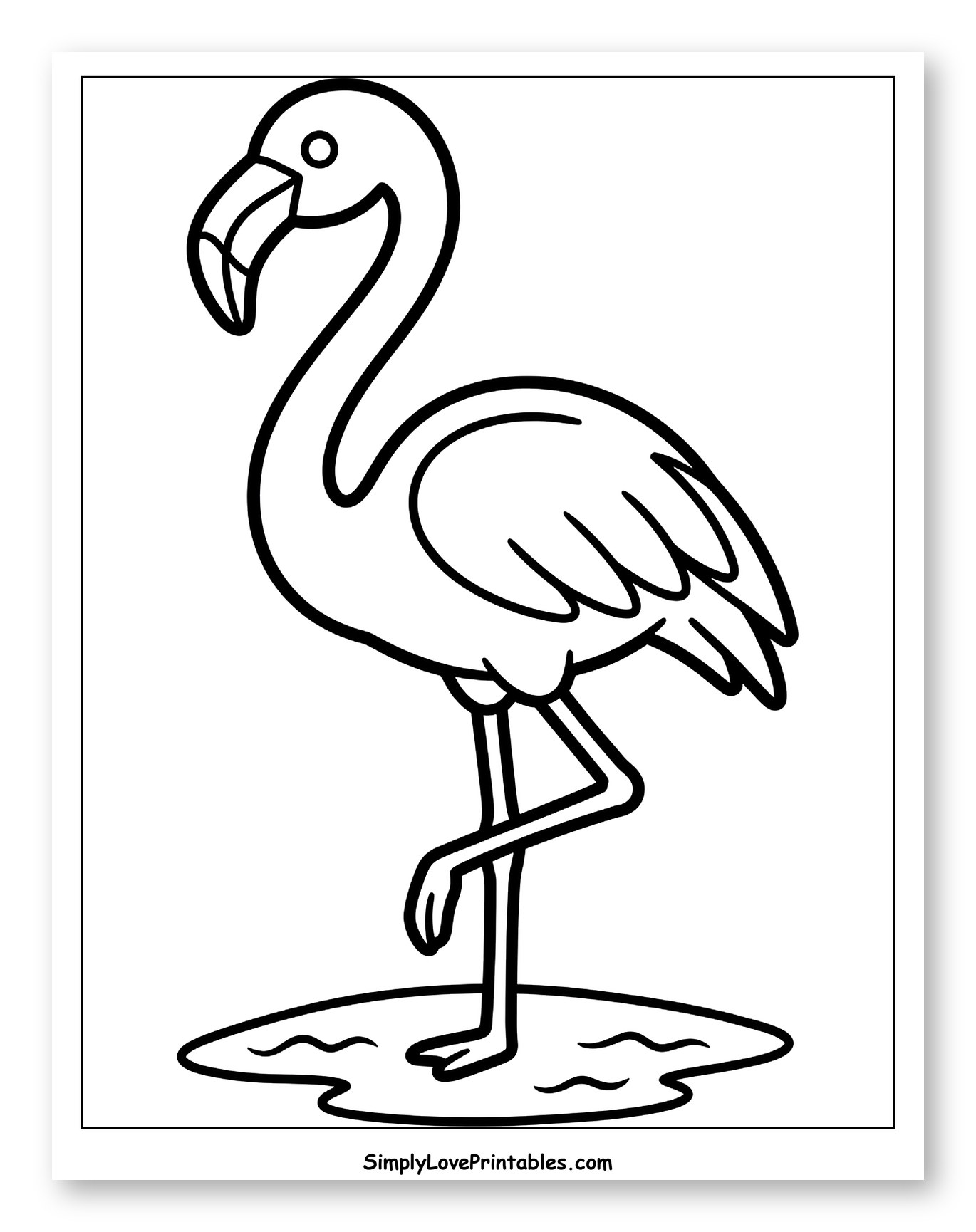 Cartoon Flamingo Standing in Puddle Coloring Page for Toddlers