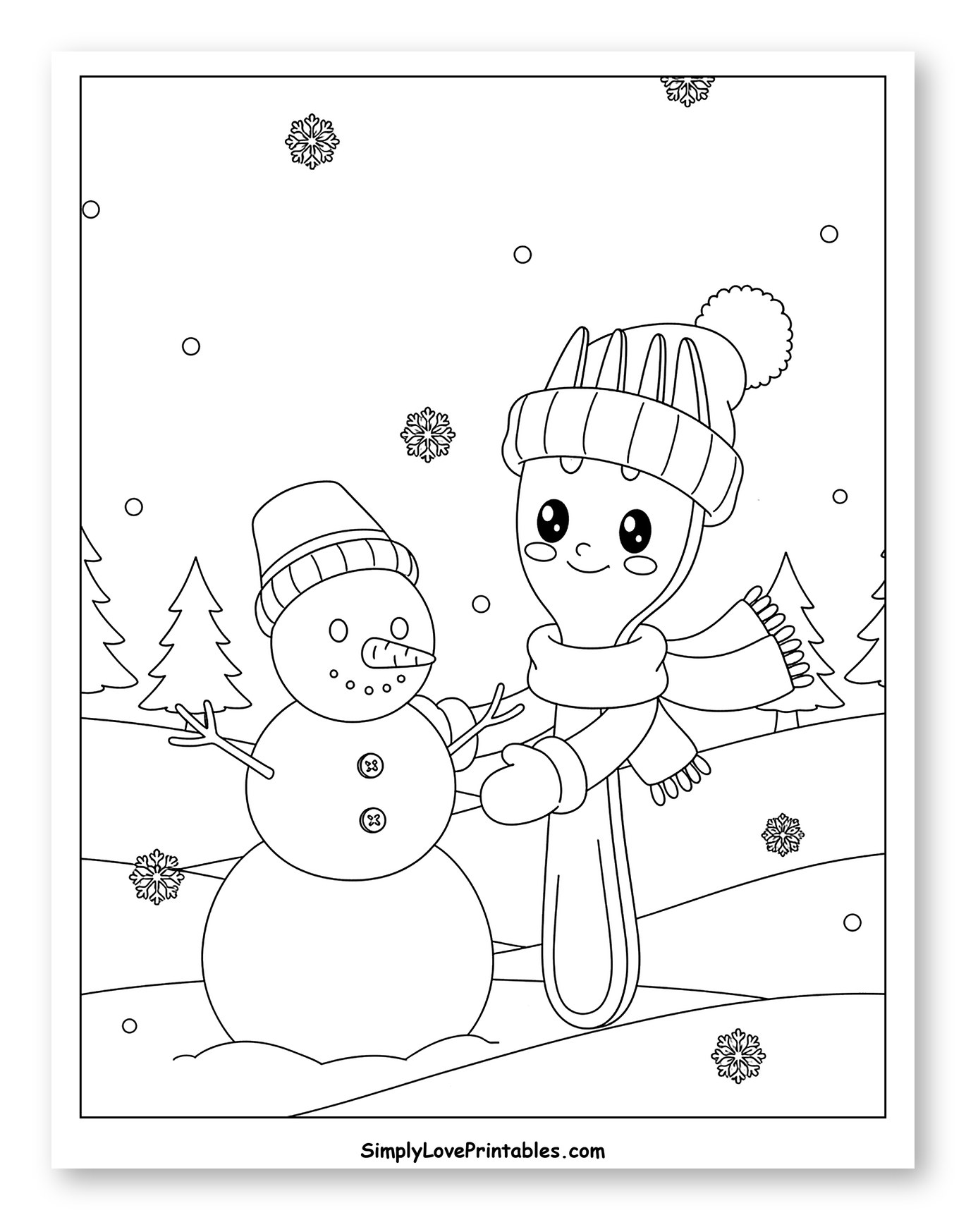 Cartoon Fork and Snowman in Winter Wonderland