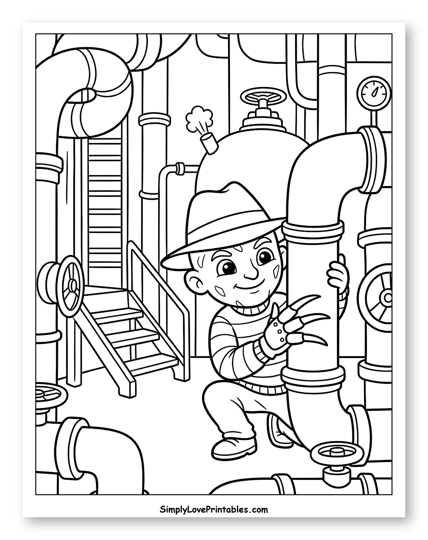 Cartoon Freddy Krueger amidst Pipes and Valves to Color for Kids