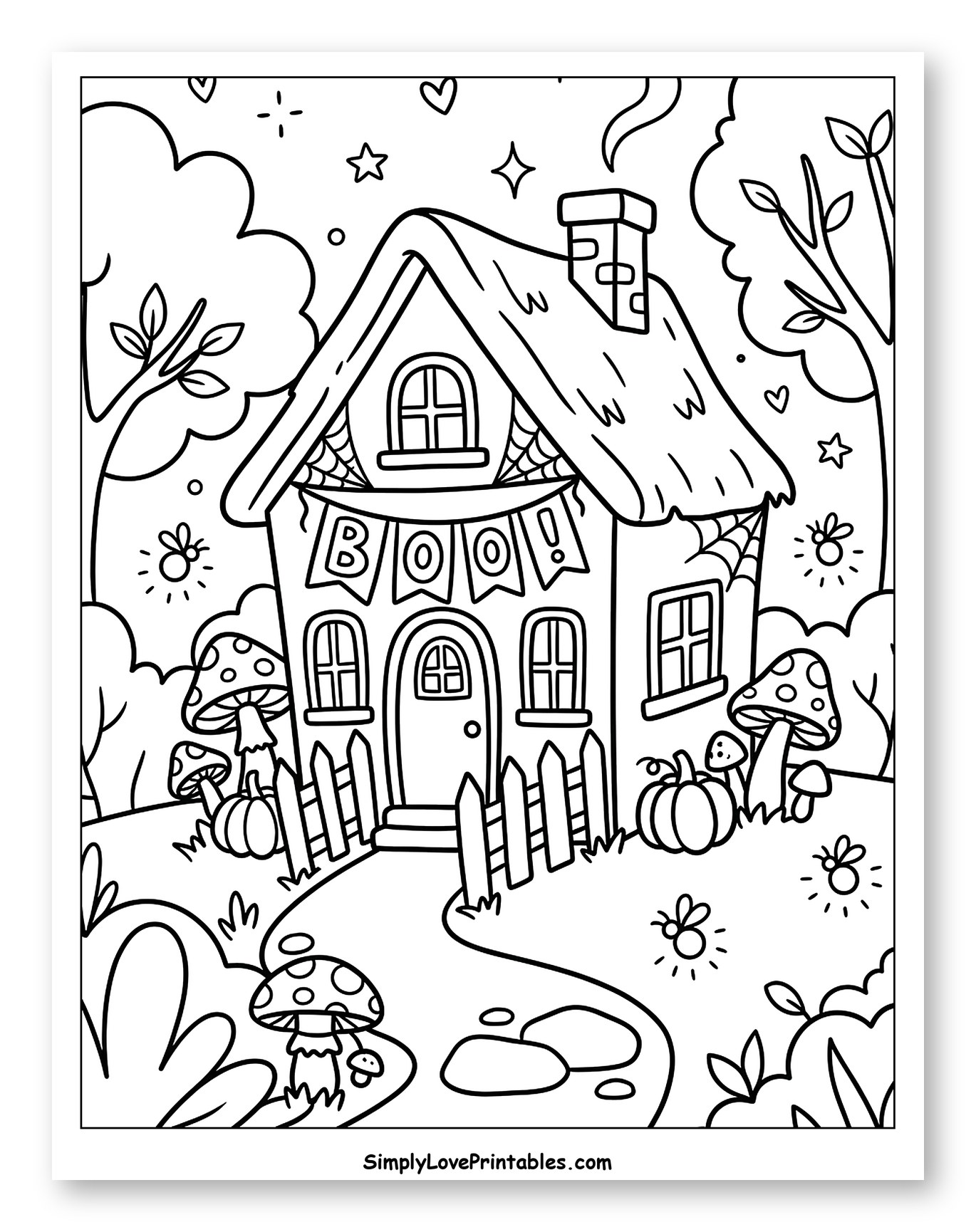 Cartoon Halloween House with Boo Banner and Pumpkins Coloring Page for Adults
