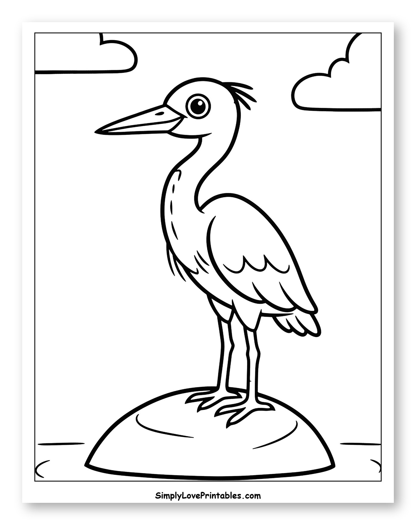 Cartoon Heron on Rock with Clouds