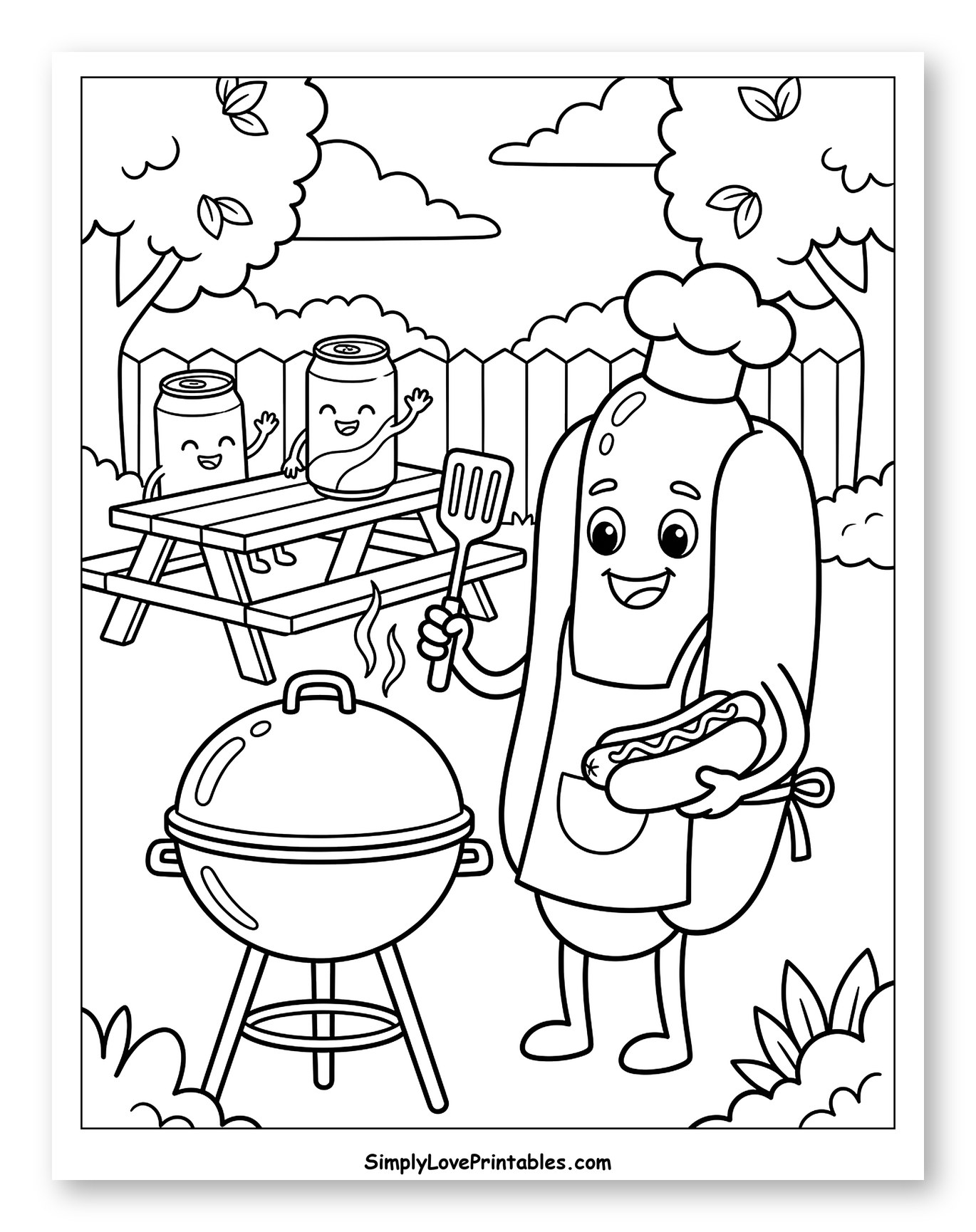 Cartoon Hot Dog Grilling at a Backyard BBQ Coloring Sheet for Kids