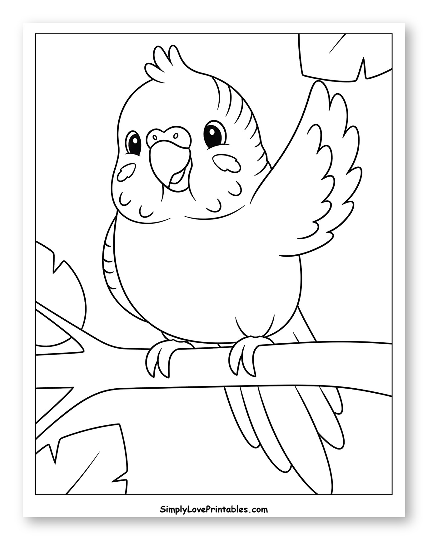 Cartoon Parakeet Waving on a Tree Branch to Color for Toddlers
