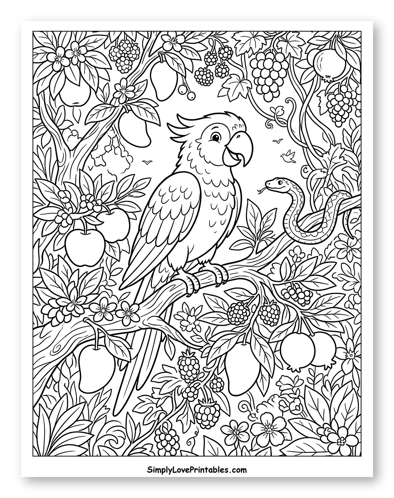 Cartoon Parrot on a Branch with Exotic Fruit