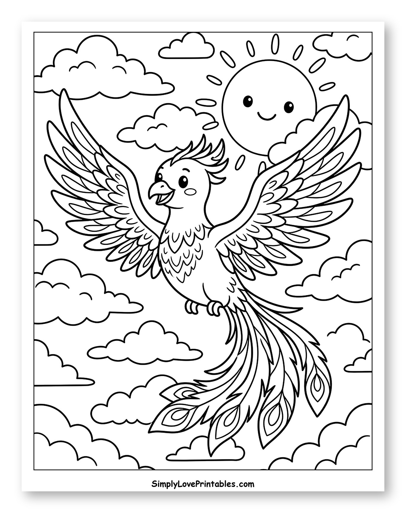 Cartoon Phoenix Flying with Smiling Sun and Clouds Coloring Sheet for Kids