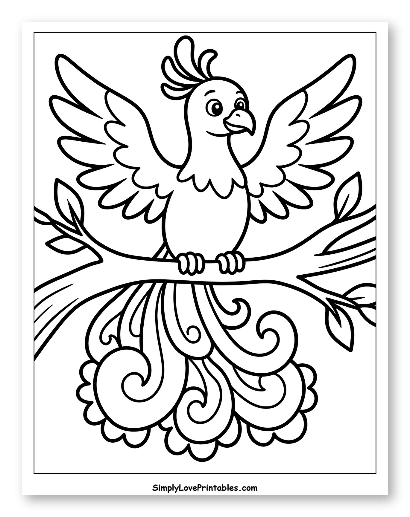 Cartoon Phoenix on a Branch with Swirling Tail Coloring Page for Toddlers