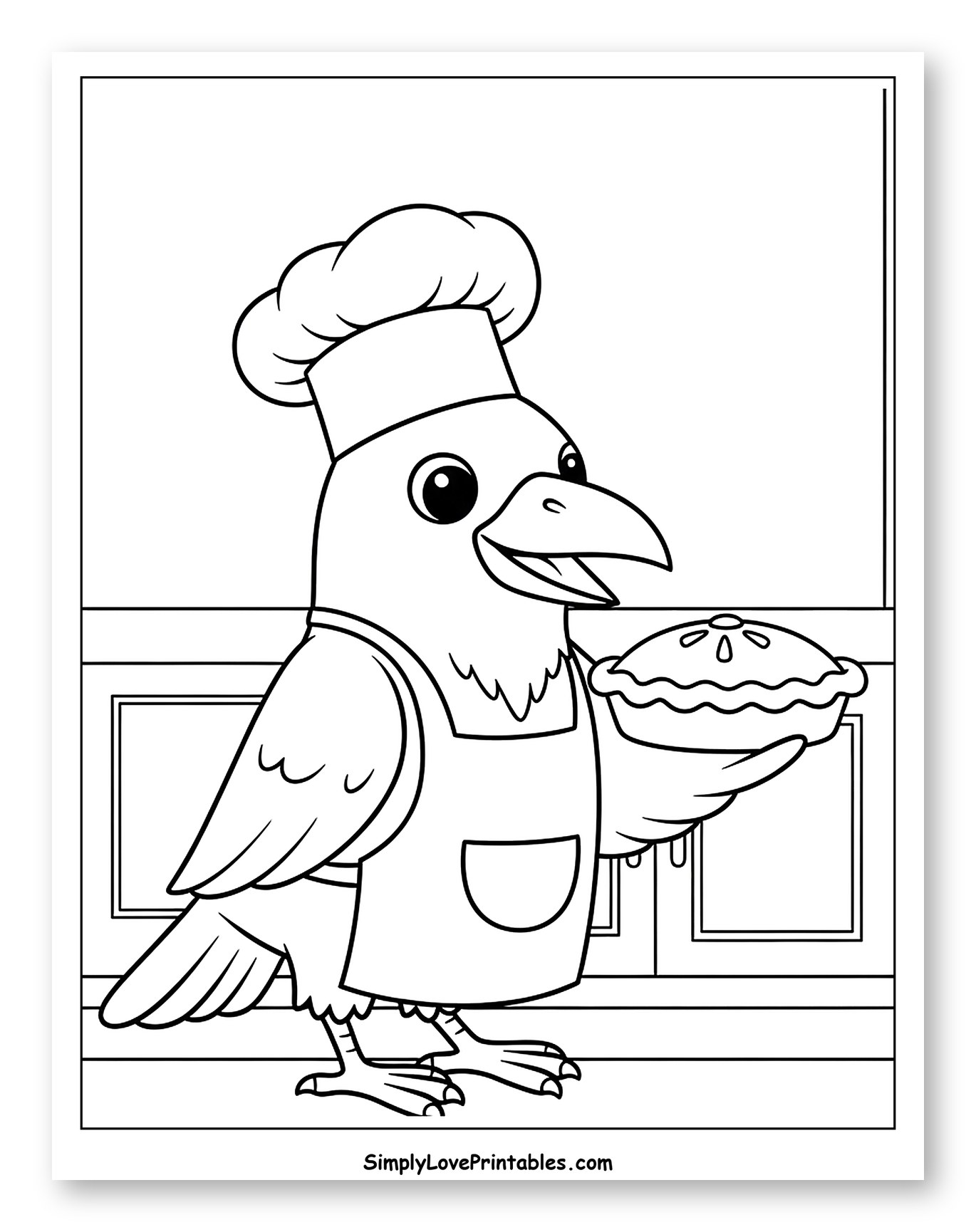 Cartoon Raven Chef Holding a Fresh Pie Coloring Sheet for Kids