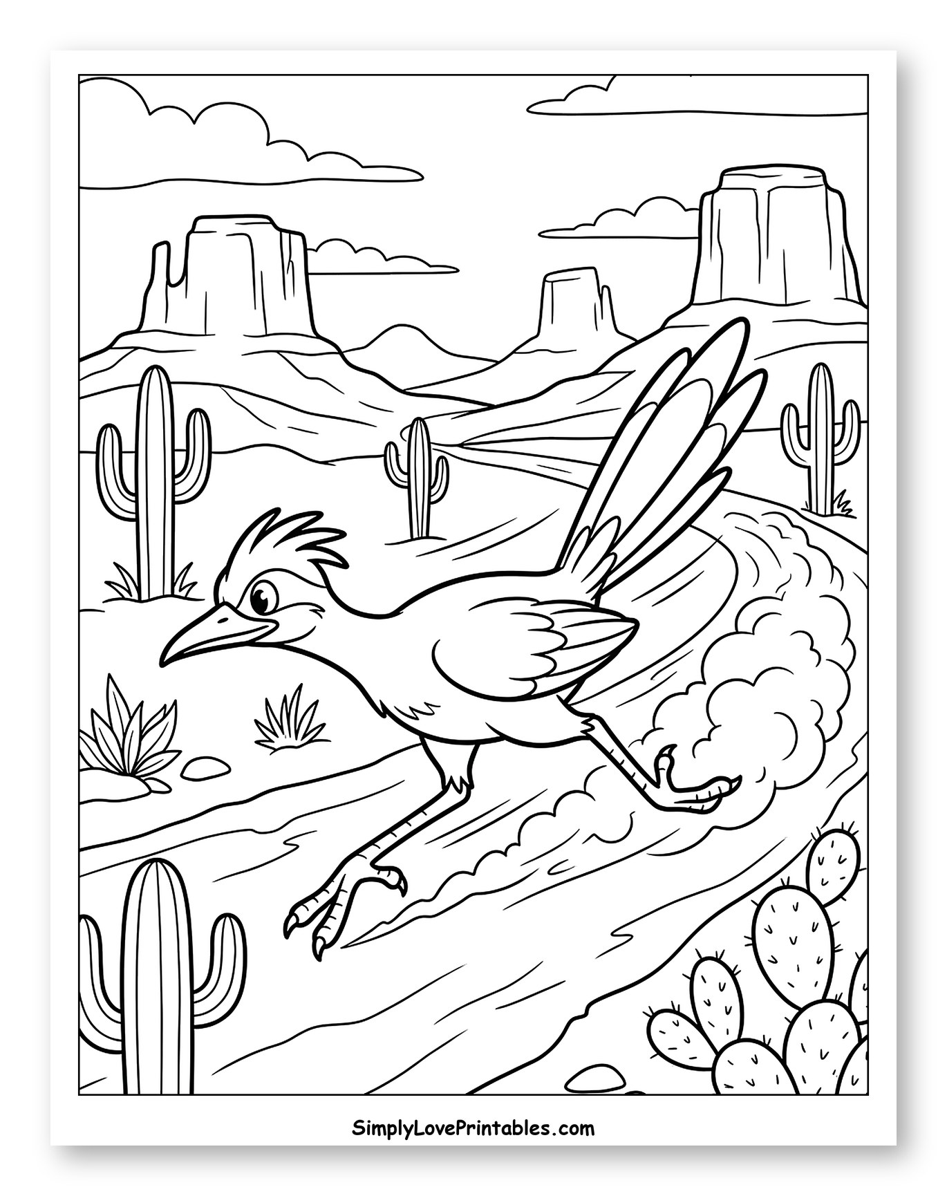 Cartoon Roadrunner Speeding Through Desert Coloring Sheet for Kids