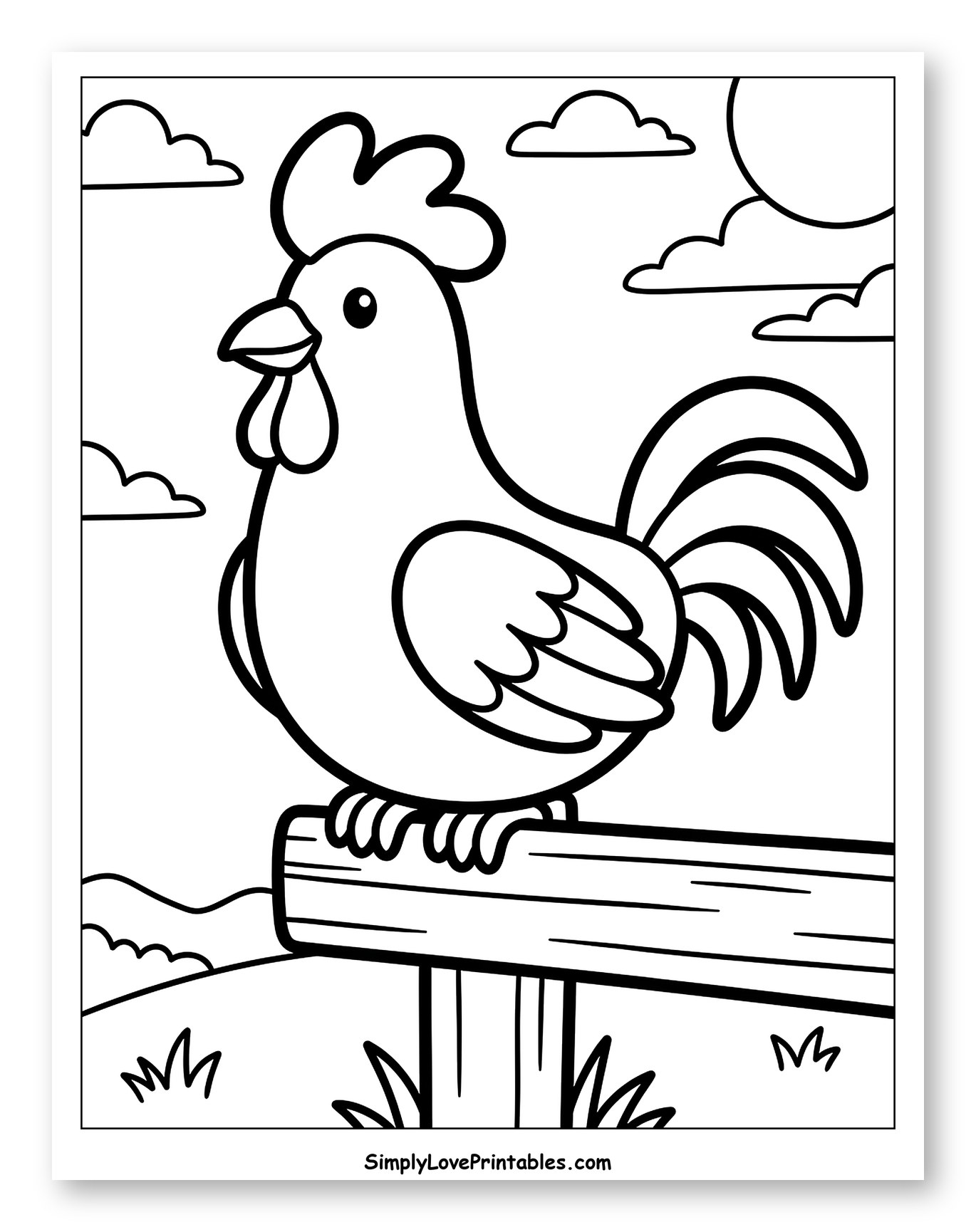 Cartoon Rooster on a Farm Fence