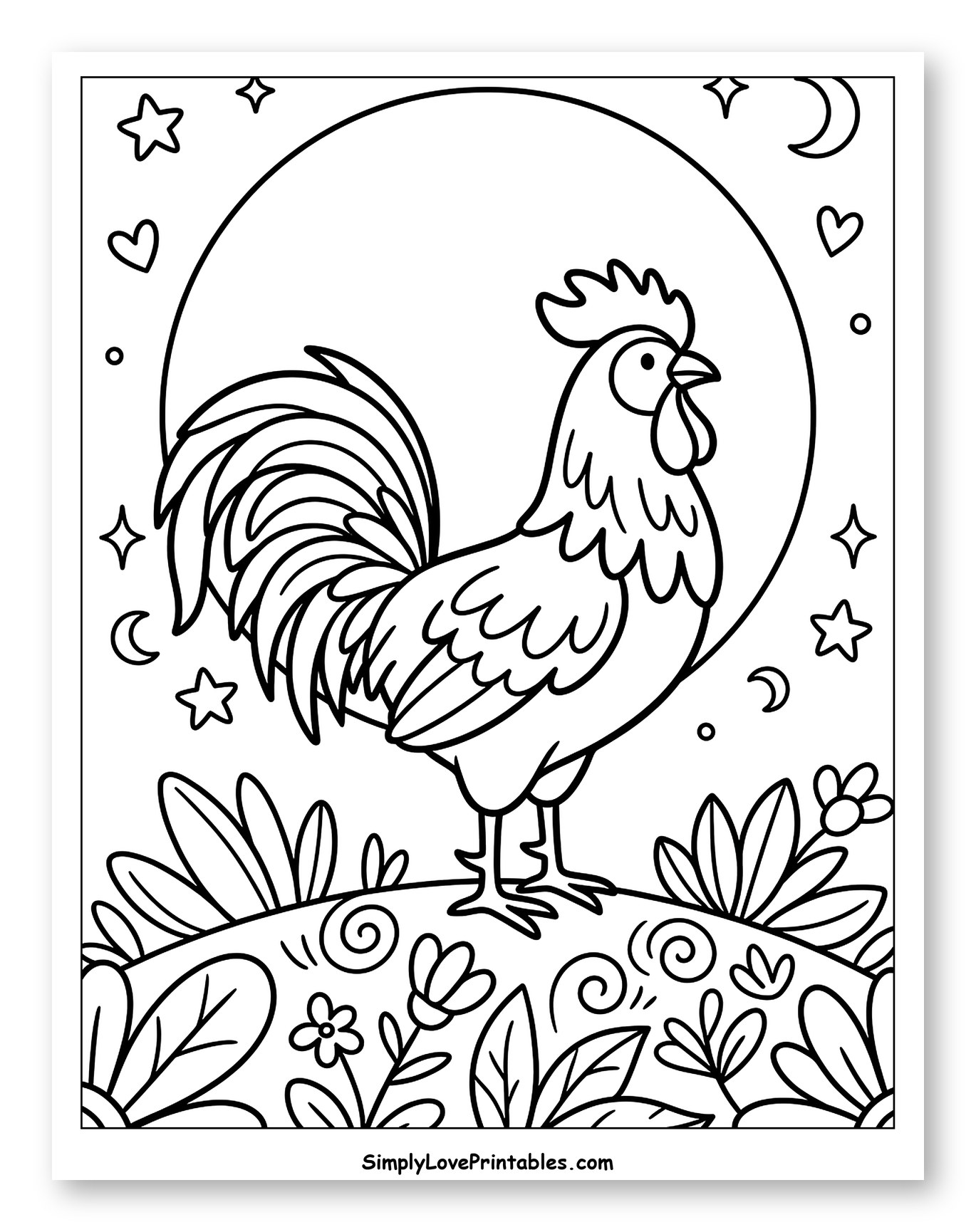 Cartoon Rooster with Moon and Flowers Coloring Page for Adults