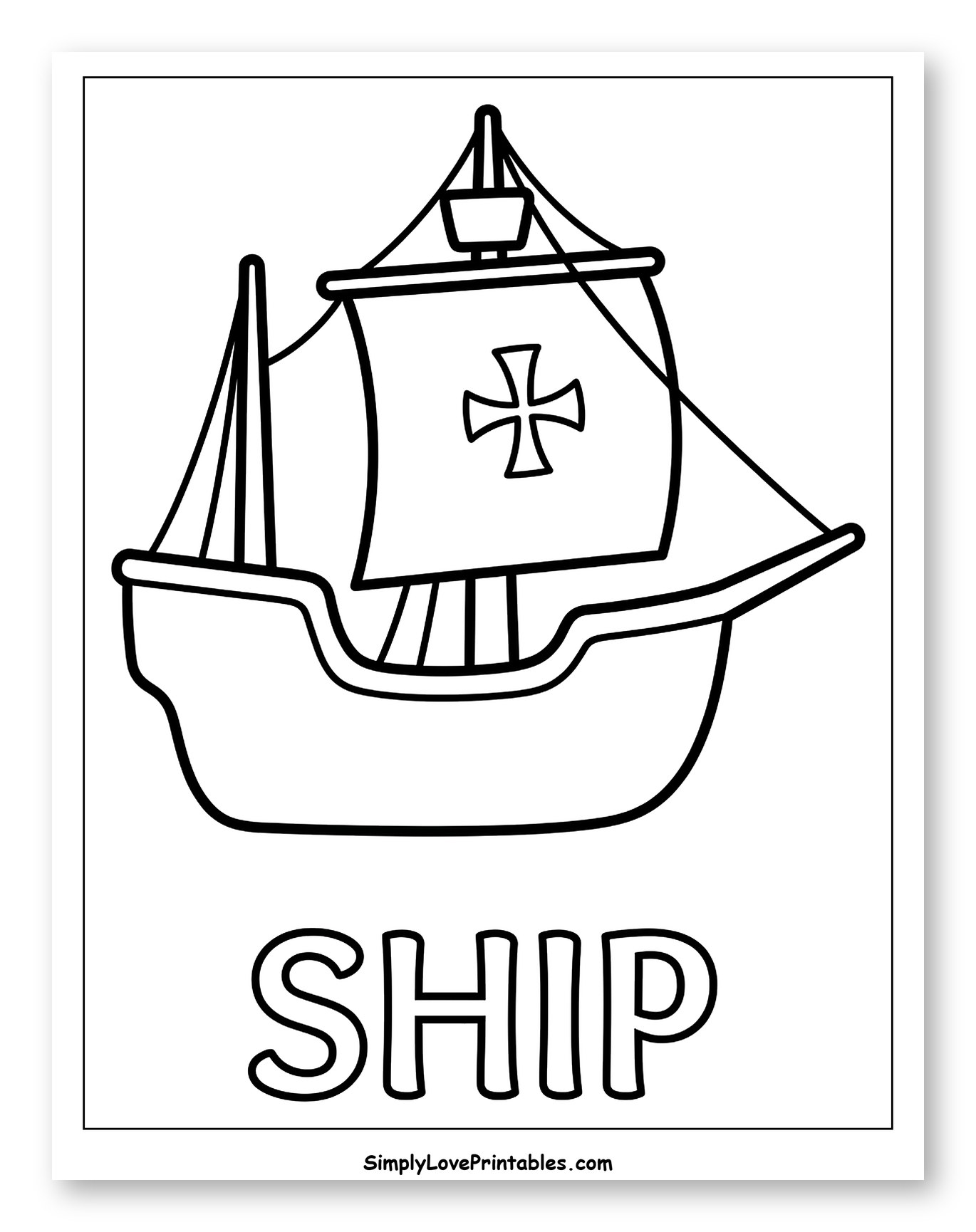 Cartoon Sailing Ship with Cross Sail Coloring Page for Toddlers