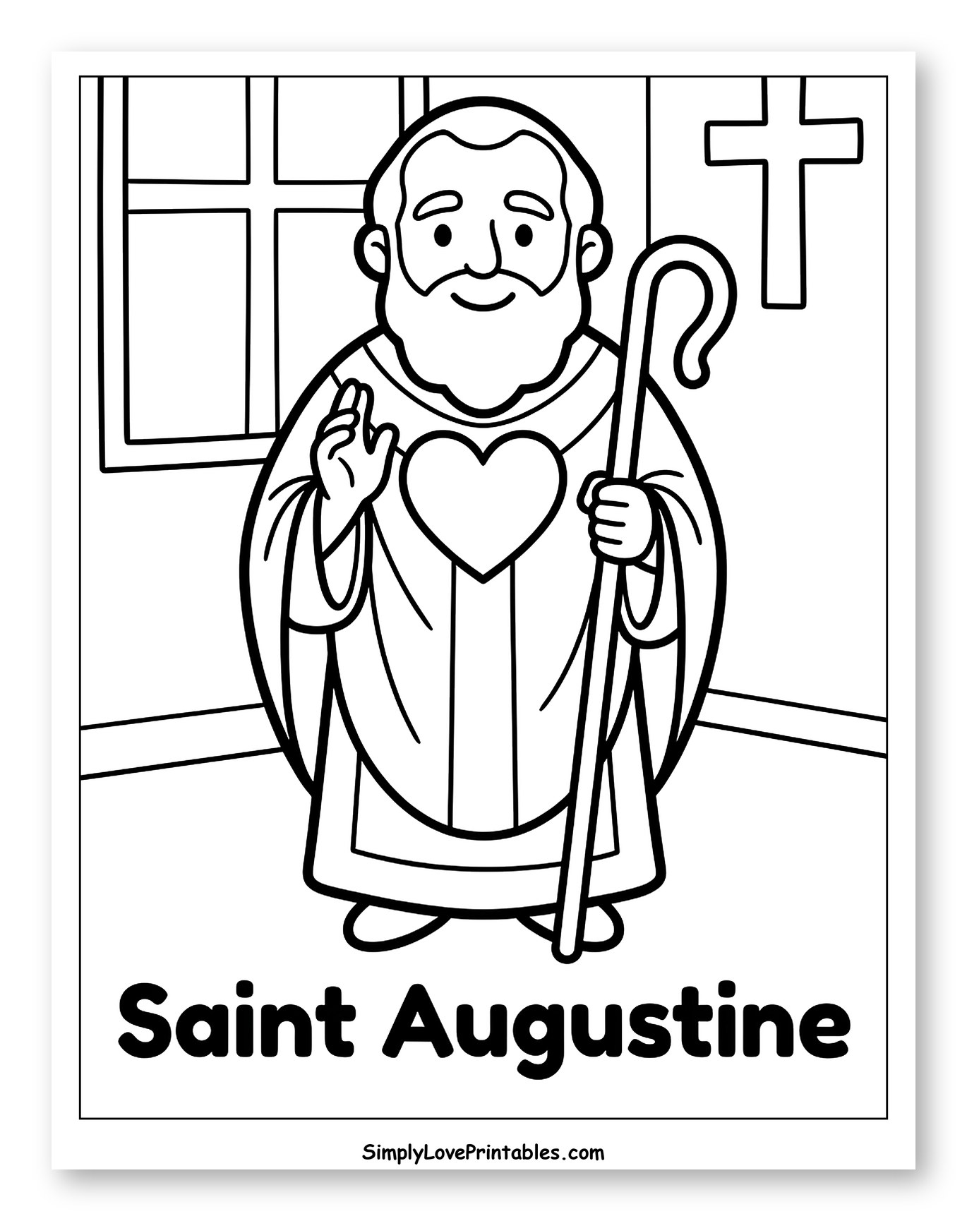 Cartoon Saint Augustine Holding a Staff Coloring Page for Toddlers