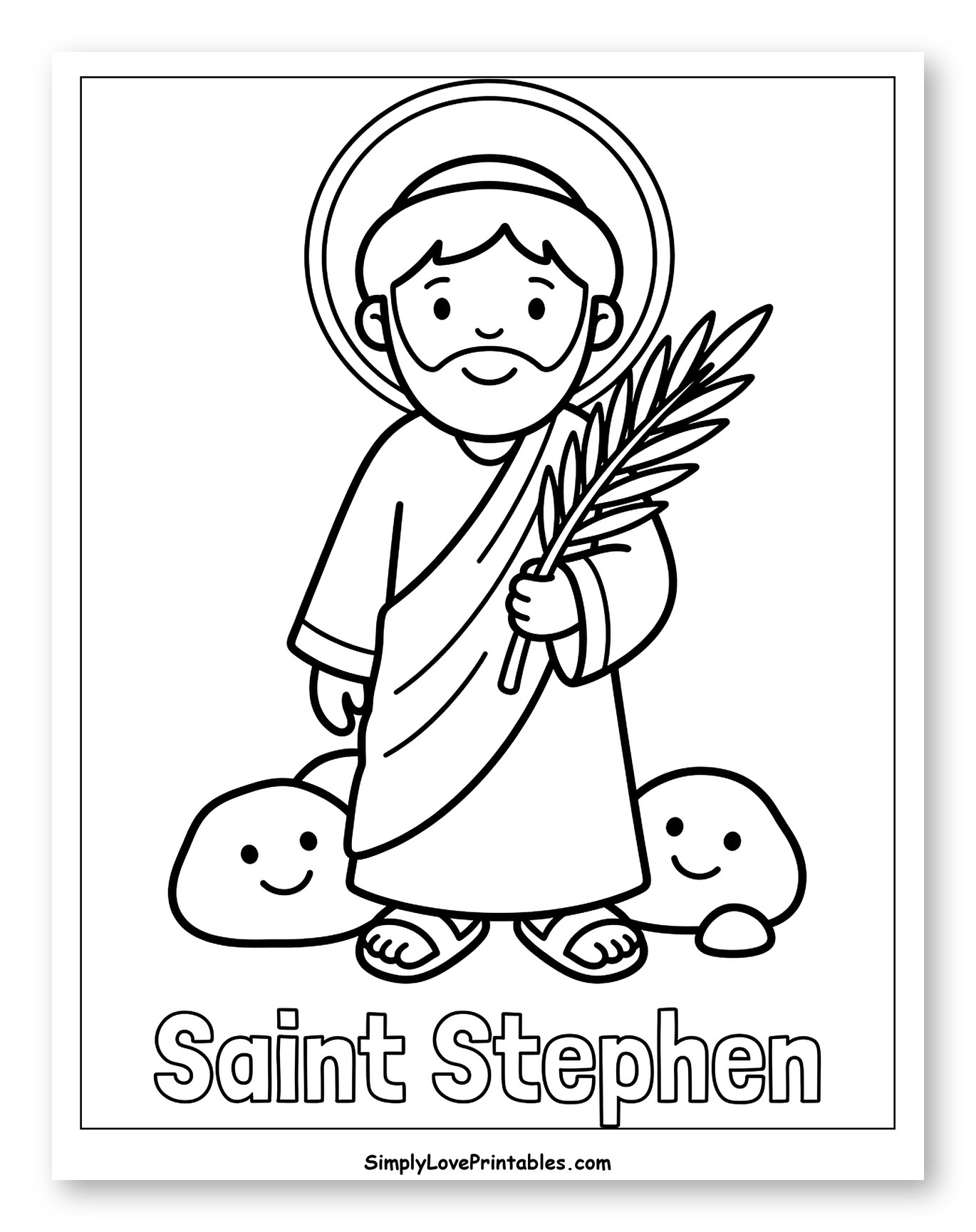 Cartoon Saint Stephen with Palm and Smiling Rocks Coloring Page for Toddlers