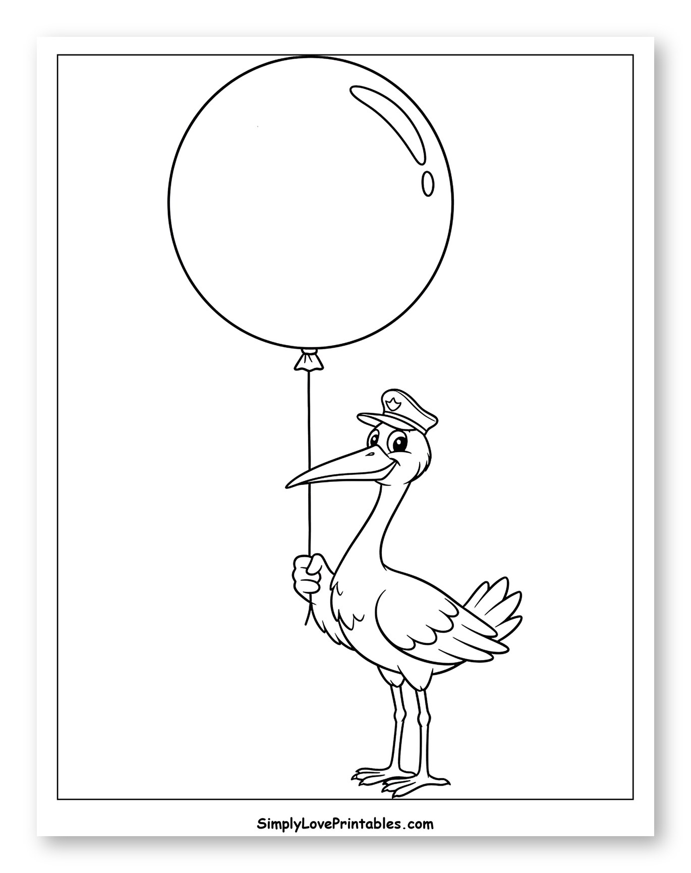 Cartoon Stork in Hat Holding Balloon Coloring Page for Toddlers