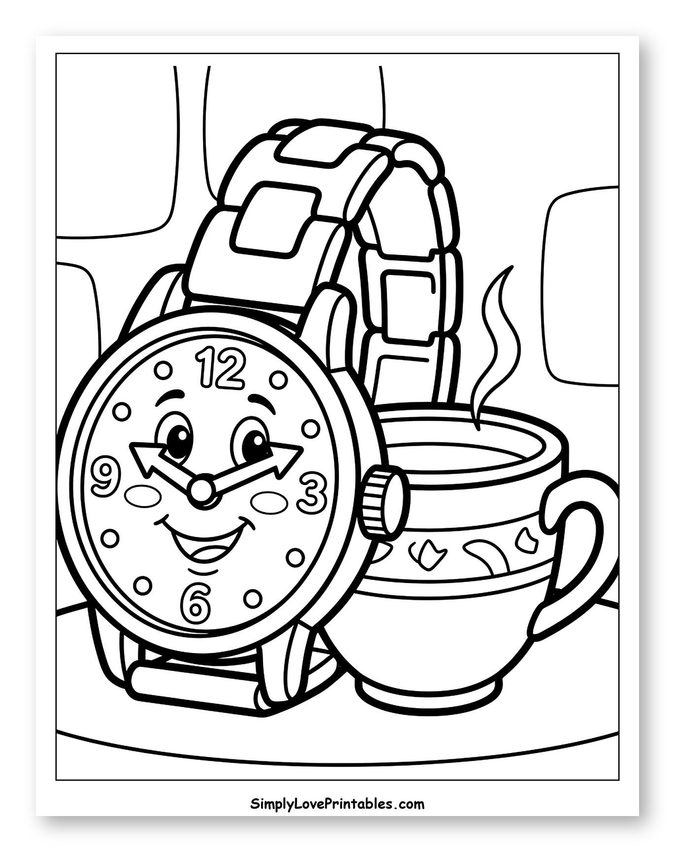 Cartoon Watch with Steaming Coffee Cup Coloring Sheet for Toddlers