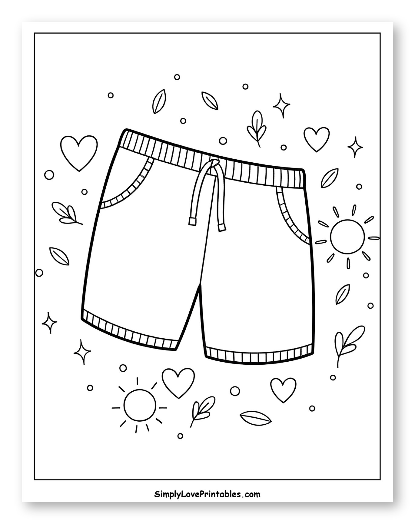 Casual Shorts with Hearts and Suns Coloring Sheet for Adults