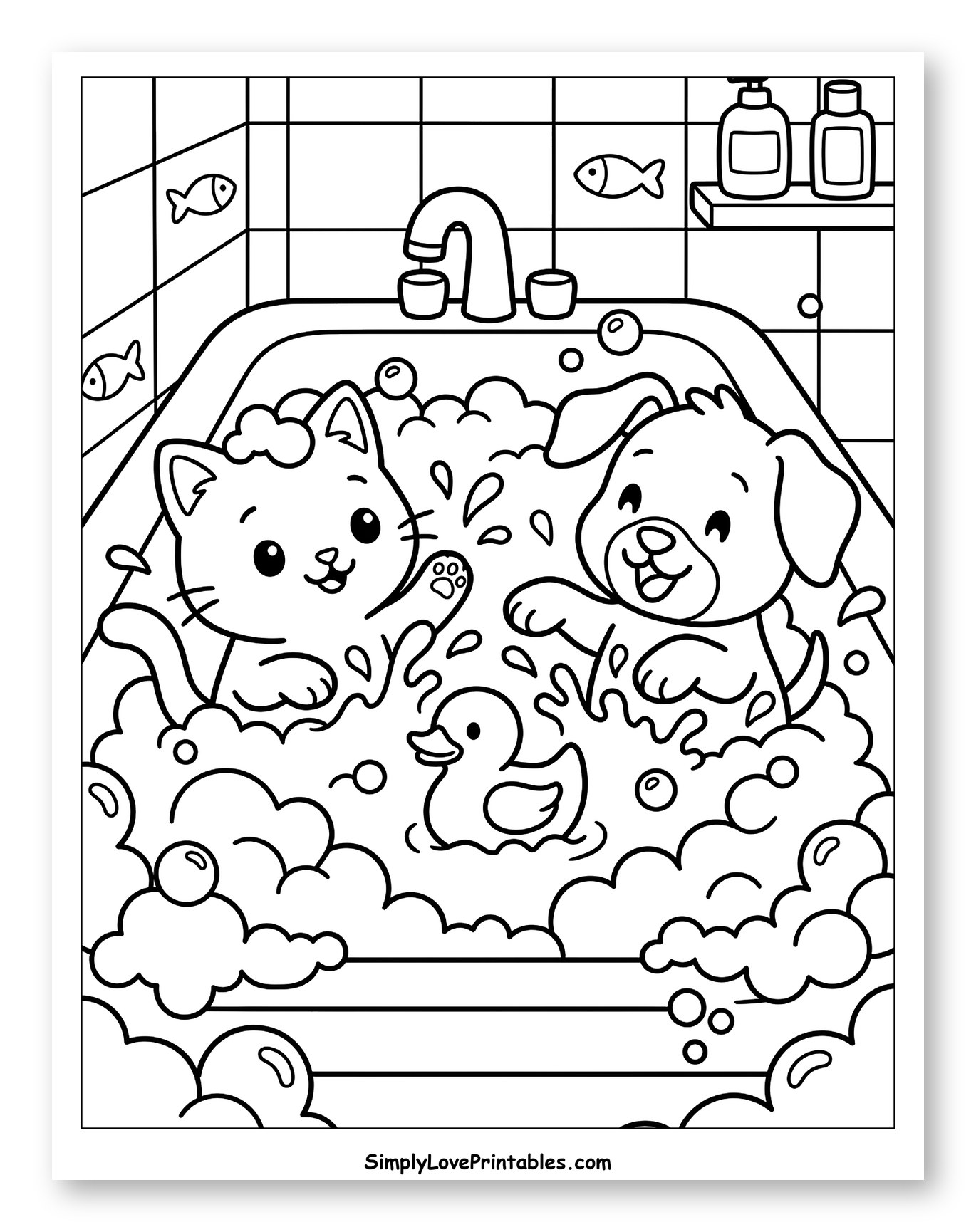 Cat and Dog Bath Time with Rubber Duck