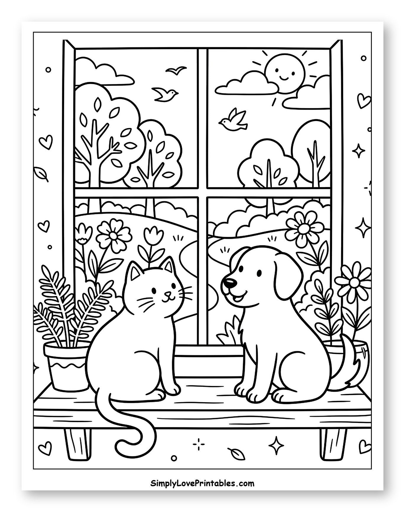 Cat and Dog on Sunny Window Sill to Color for Adults
